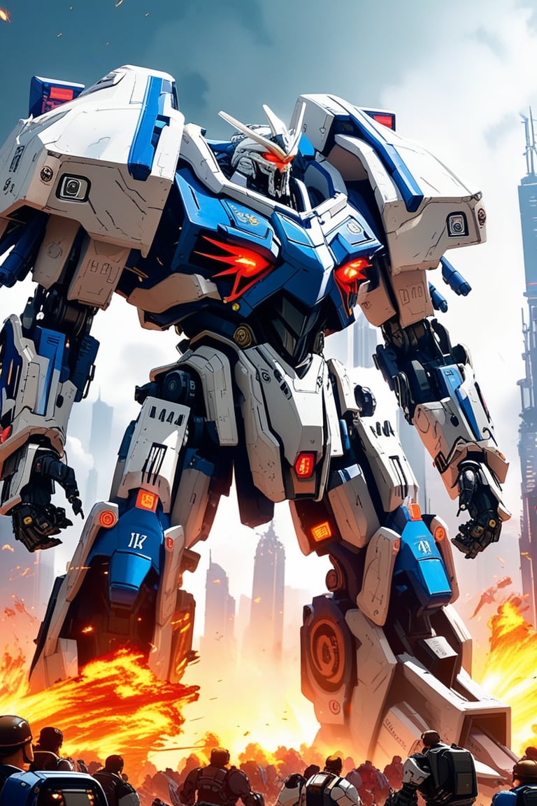 a giant robot \(ek_ct4k\) standing in a battle field,warhammer 4K style,white and blue colored armor,ek_game_3ffect,blurry city background,explosion,fire,flame,dynamic angle,anime style by Makoto Shinkai,ek_ph0t0_b00ster, ek_an1_b00ster,upper body shot