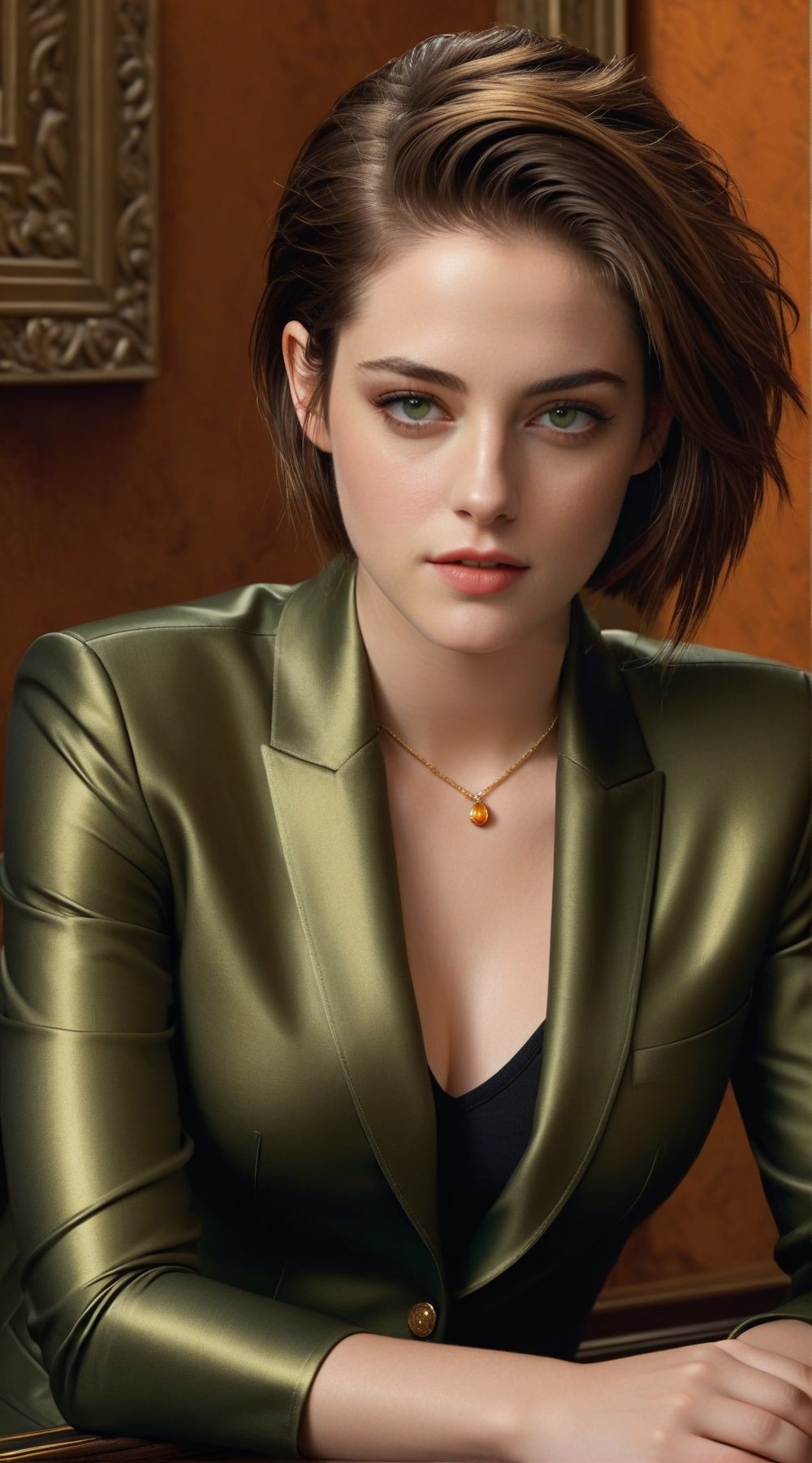 ((Hyper-realistic)) half body portrait of a beautiful woman sitting in a luxury cafe,alluring neighbor's wife,23yo,(Kristen Stewart),body model portrait,clear facial features,perfect body,perfect in every way,playful smirks,seductive eyes,detailed soft shiny skin,detailed exquisite eyes,detailed hair,elegant jacket on (turtleneck) shirt,detailed textures and reflection on clothes,jewelry,(Persian Orange, Tiger Eye, Olive Green color),rule of thirds,chiaroscuro lighting,soft rim lighting,key light reflecting in the eyes,highly detailed complex backdrop,by Antonio López,Canaletto and David Parrish,art_booster