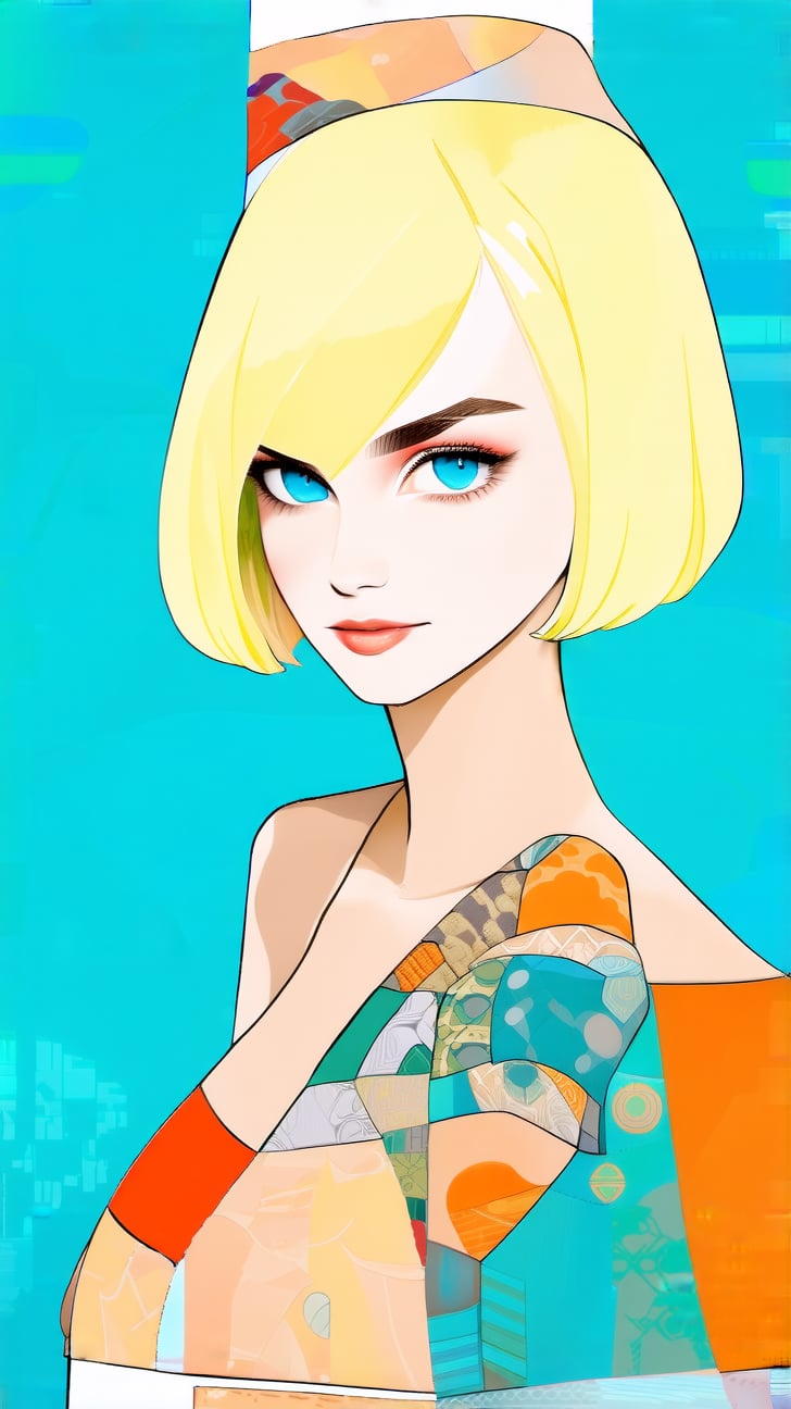 A sophisticated fashion model girl,short blonde hair,dynamic character,20yo,detailed exquisite face,parody,looking at viewer, EmmaWatson lookalike lookalike,patchwork art,cyan and orange colors,ek_ptch_art,ek_ani_b00ster