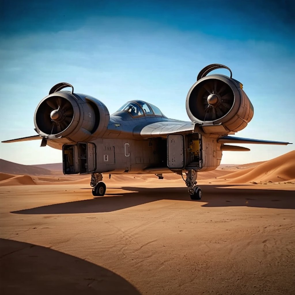 ((Ultra-realistic)) photo of an aircraft \(ek_raz0r_cre5t\),parked on ground,military,cannon,thrusters,entrance door open,depth of perspective,aircraft focus,dark desert backdrop
BREAK
sharp focus,high contrast,studio photo,rule of thirds,perfect composition,ek_raz0r_cre5t