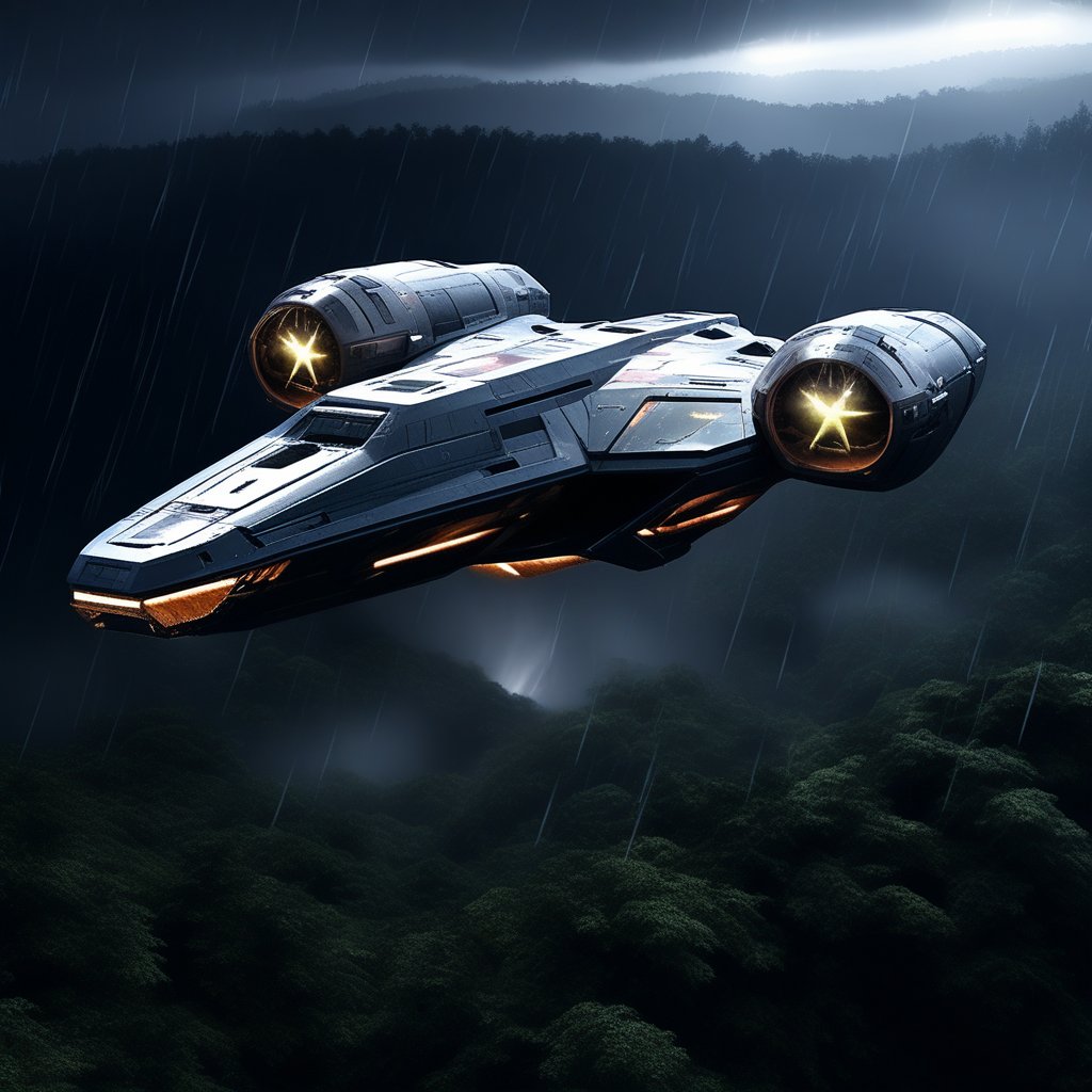 A realistic photo of starship, razor crest \(star wars\),flying over a rain forest at night,rainy,lightning, wings on top,big jet engine on wing tip,canopy on head nose top,,blunt front nose,cannon on head side,front left view,ek_starsh1p,ek_raz0r_cre5t,ek_rcfr0nt_left