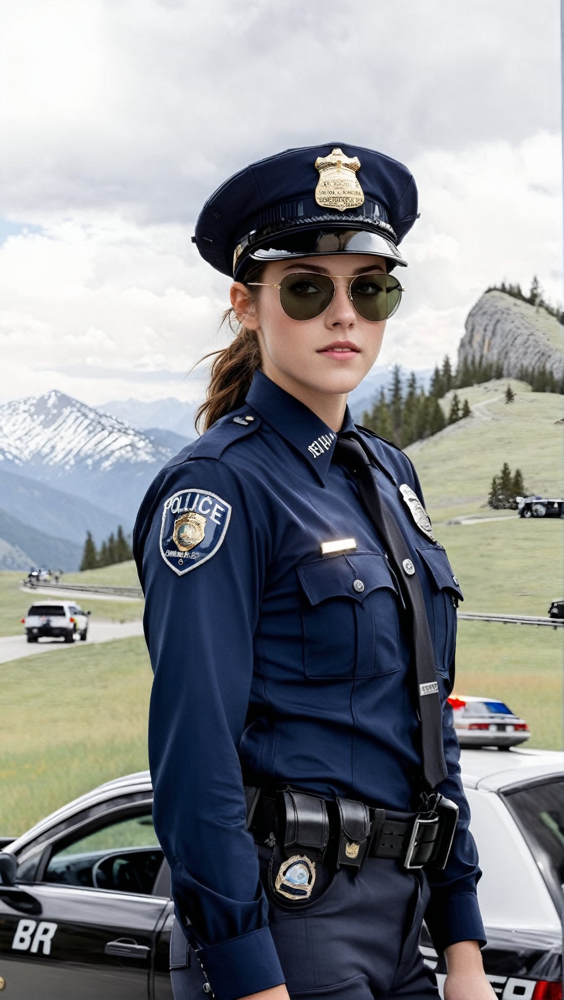 Hyper-Realistic photo of a beautiful LAPD police officer,20yo,1girl,solo,LAPD police uniform,cap,detailed exquisite face,soft shiny skin,smile,sunglasses,looking at viewer,Kristen Stewart lookalike,cap,fullbody:1.3
BREAK
backdrop:lamarva11ey,outdoors,sky,day, cloud,tree,cloudy sky,grass,nature, beautiful scenery,mountain,winding road,landscape, american bisons,police car,(girl focus),[cluttered maximalism]
BREAK
settings: (rule of thirds1.3),perfect composition,studio photo,trending on artstation,depth of perspective,(Masterpiece,Best quality,32k,UHD:1.4),(sharp focus,high contrast,HDR,hyper-detailed,intricate details,ultra-realistic,kodachrome 800:1.3),(cinematic lighting:1.3),(by Karol Bak$,Alessandro Pautasso$,Gustav Klimt$ and Hayao Miyazaki$:1.3),art_booster,photo_b00ster, real_booster,y0sem1te,Ye11owst0ne