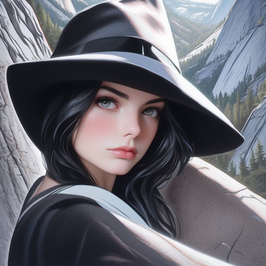 ((Ultra-detailed)) portrait of a beautiful girl \(inkycapwitchyhat\) taking selfie in Yosemite,detailed exquisite face,hourglass figure,model body,playful smirks,looking at viewer,(upperbody shot:1.3),(witchy hat:1.5)
BREAK
[backdrop:yglac1er,rock,mountain,grass]
BREAK
Ultra-Detailed,(sharp focus,high contrast:1.2),8K,trending on artstation,cinematic lighting,by Karol Bak, Alessandro Pautasso and Hayao Miyazaki, (inkycapwitchyhat:1.2),photo_b00ster,art_booster,real_booster,y0sem1te