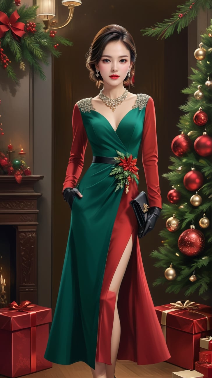 Generate an image of a poised 23-year-old woman elegantly dressed for an upscale Christmas soiree. She opts for a sophisticated ensemble, choosing an outfit that exudes grace and refinement amidst a sea of various options. The attire, thoughtfully selected for the festive occasion, resonates with a tasteful color and style that embodies the holiday spirit. Adorned with modern accessories that accentuate her timeless elegance, she stands in a chic, urban setting. The venue is adorned with understated Christmas decorations, creating an atmosphere of quiet sophistication and modern charm.digital painting,song-hyegyo-xl,<lora:659095807385103906:1.0>