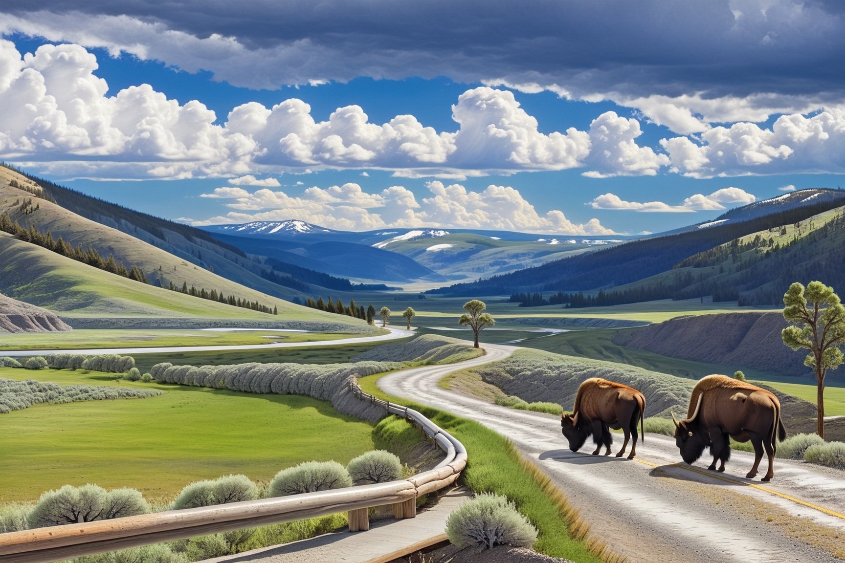 ((Hyper-Realistic)) detailed scene of lamar valley \(lamarva11ey\) in Yellowstone,outdoors,sky,day, cloud,tree,no humans,cloudy sky,grass,nature, beautiful scenery,mountain,winding road,landscape,(close up on american bisons:1.2)
BREAK 
aesthetic,rule of thirds,depth of perspective,perfect composition,studio photo,trending on artstation,cinematic lighting,(Hyper-realistic photography,masterpiece, photorealistic,ultra-detailed,intricate details,16K,sharp focus,high contrast,kodachrome 800,HDR:1.2),photo_b00ster,real_booster,ye11owst0ne,(lamarva11ey:1.2),more detail XL,Ye11owst0ne