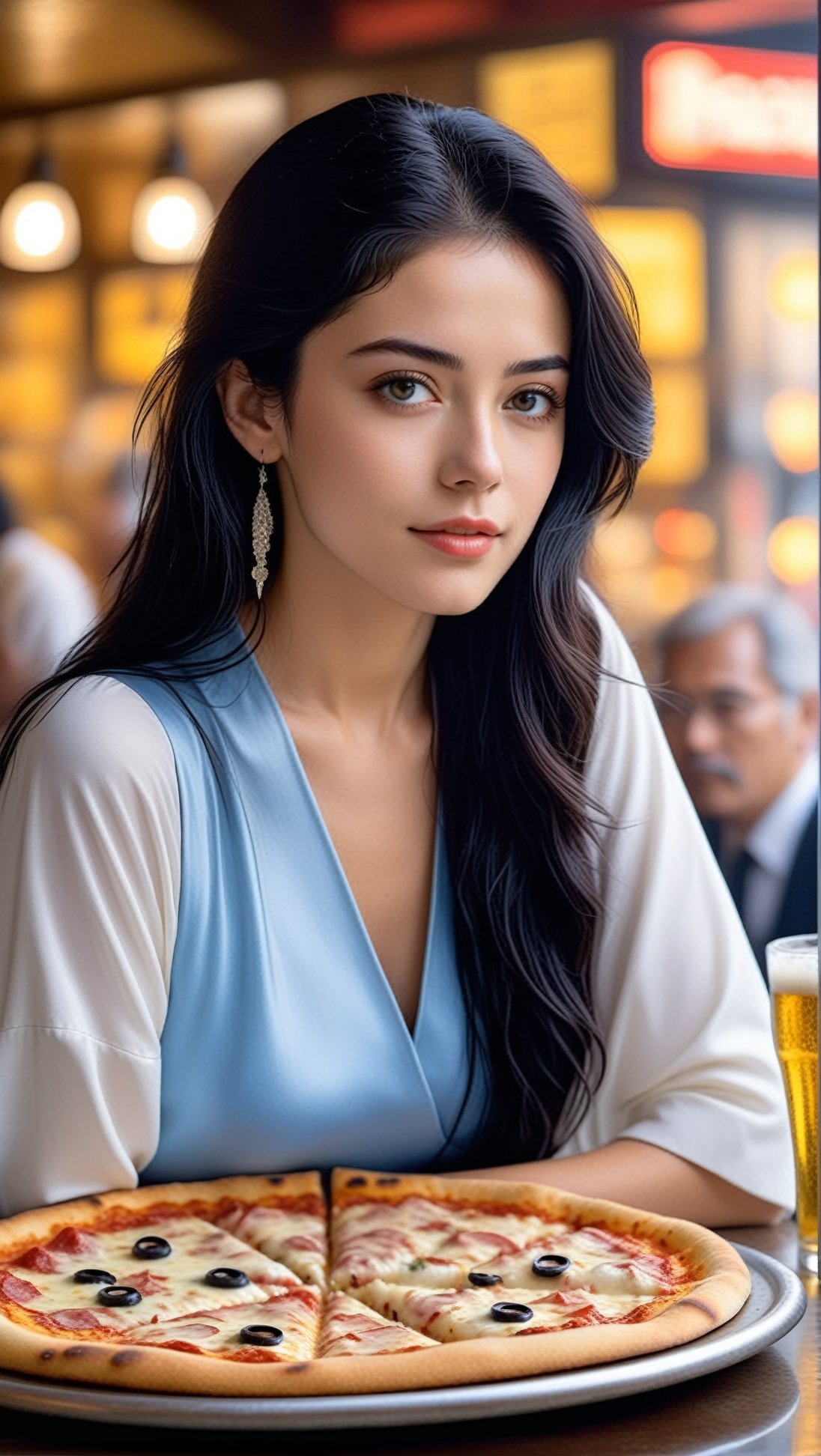 Hyper-Realistic photo of a girl sitting in a pizza restaurant,20yo,1girl,solo,Sean Young \(in Blade Runner\),detailed exquisite face,detailed soft shiny skin,lips,smile,perfect female form,looking at viewer,long black hair,[Baby Blue and White colors],elegant outfit,close up
BREAK
backdrop of beautiful restaurant,table,pizza,beer mug,(girl focus)
BREAK
(rule of thirds:1.3),perfect composition,studio photo,trending on artstation,depth of perspective,(Masterpiece,Best quality,32k,UHD:1.4),(sharp focus,high contrast,HDR,hyper-detailed,intricate details,ultra-realistic,award-winning photo,ultra-clear,kodachrome 800:1.3),(chiaroscuro lighting:1.3),by Antonio Lopez, Diego Koi,Karol Bak and Hayao Miyazaki,photo_b00ster, real_booster,art_booster