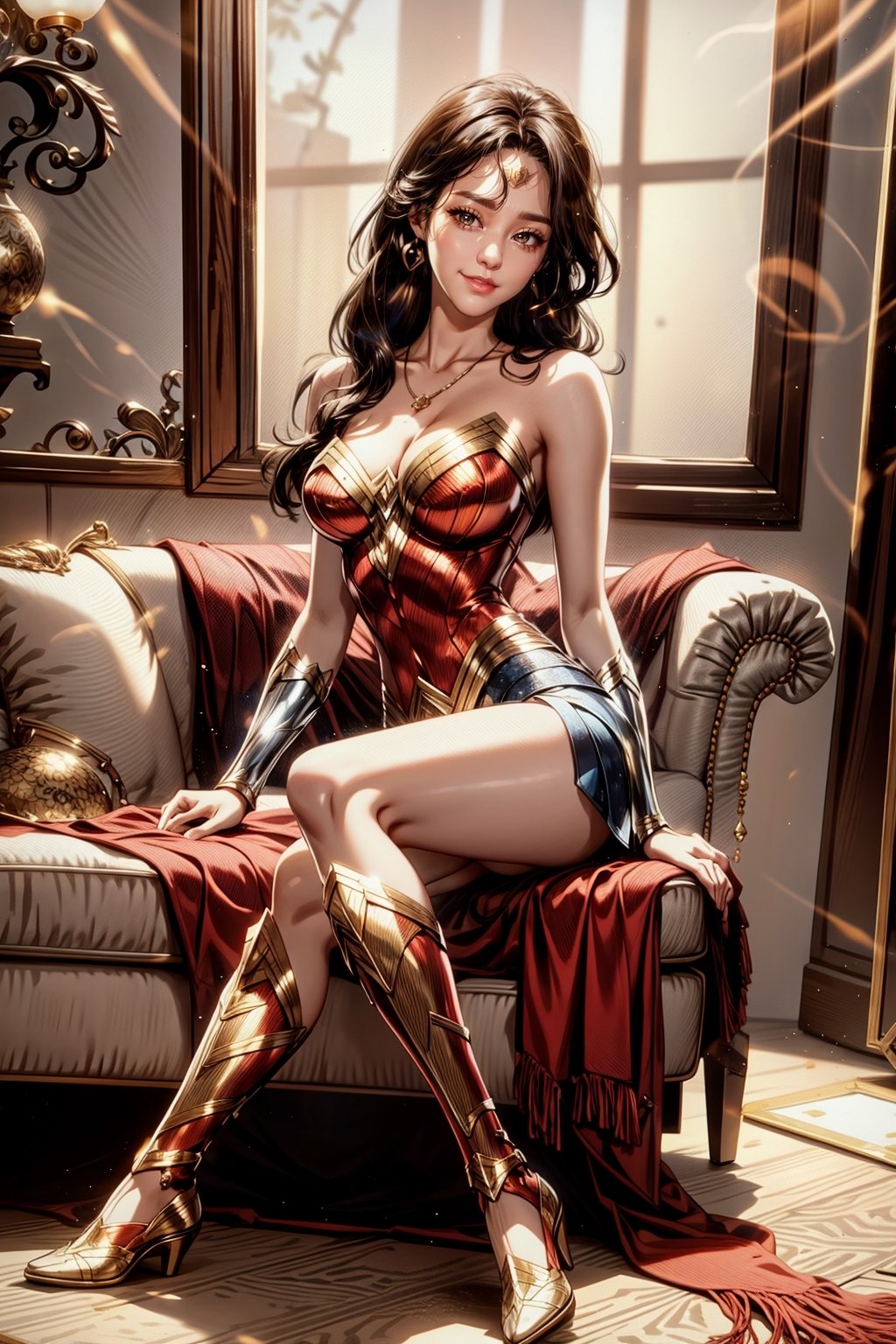 Korean wonder_woman sitting on luxury mansion couch, (smile), dark brown eyes, (looking at viewer), sexy pose, (full body), slim waist big hips, natural huge breasts, detailed exquisite face, (masterpiece, best quality, ultra-detailed, 8K, realistic, intricate, photography, rule of thirds):1.2,  cinematic lighting, high ponytail, eyeliners, glossy lips, glossy skin, earrings, necklaces, 
1girl,seolhyun