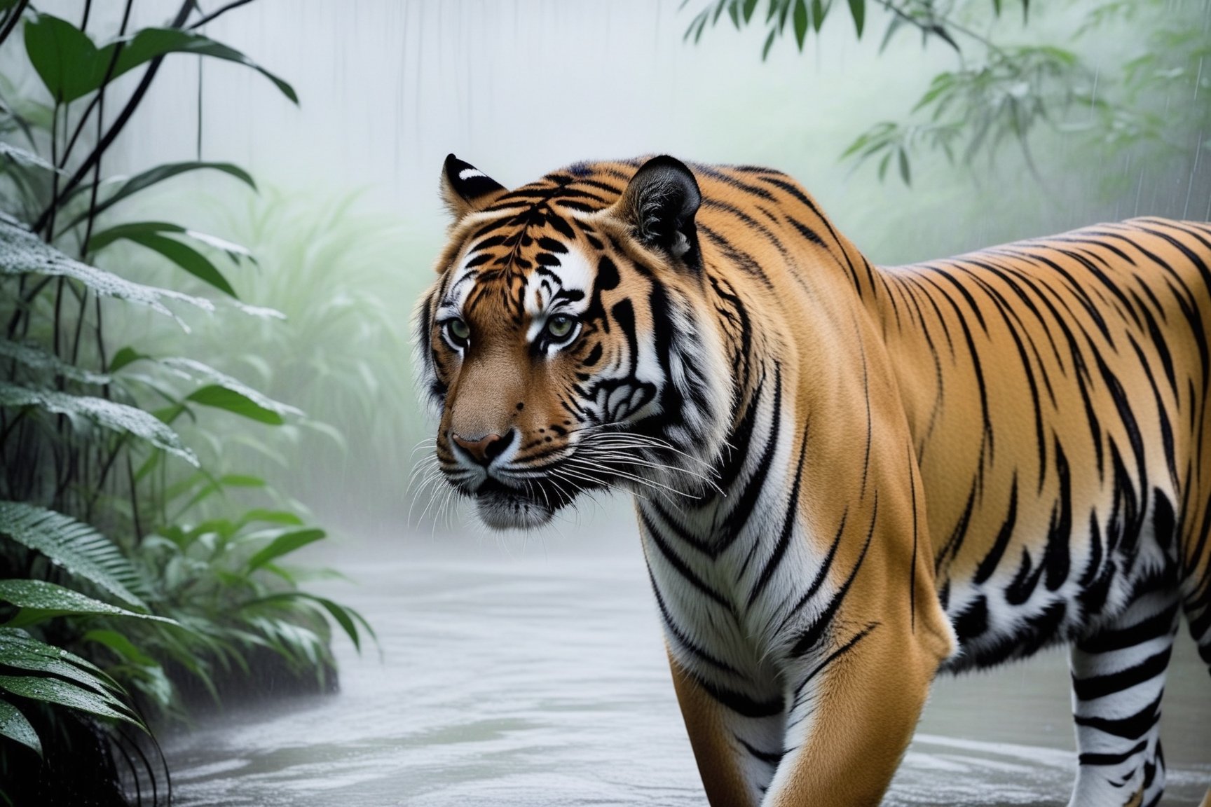 (Hyper realistic photo of a tiger) in rainy forest,fog,rain drops,puddles,cluttered maximalism,green and grey color
BREAK
(rule of thirds:1.3),perfect composition,studio photo,trending on artstation,(Masterpiece,Best quality,32k,UHD:1.4),(sharp focus,high contrast,HDR,hyper-detailed,intricate details,ultra-realistic,award-winning photo,ultra-clear,kodachrome 800:1.25),(chiaroscuro lighting,soft rim lighting:1.15),by Karol Bak,Antonio Lopez,Gustav Klimt and Hayao Miyazaki,photo_b00ster,real_booster,art_booster,ani_booster,ink ,style