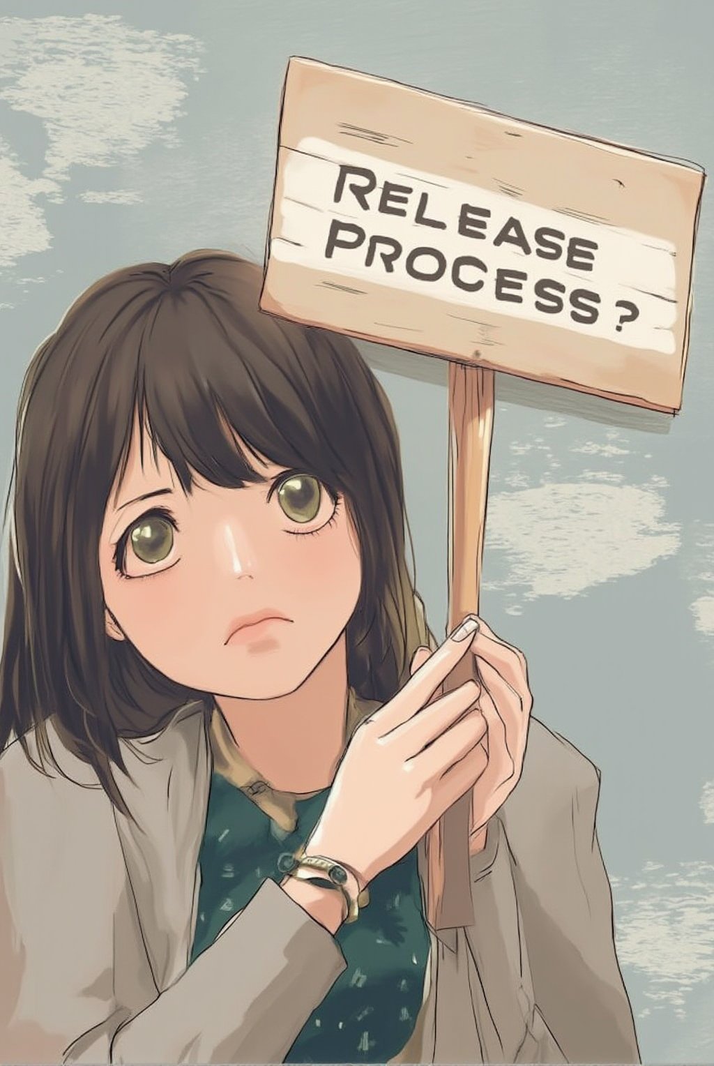 Anime of a cute girl holding a big post sign with text: "Software Release Process?". looking sad,simple background,ek_ph0t0_b00ster,ek_an1_b00ster,ek_art_b00ster,ek_game_3ffect,ek_real_b00ster