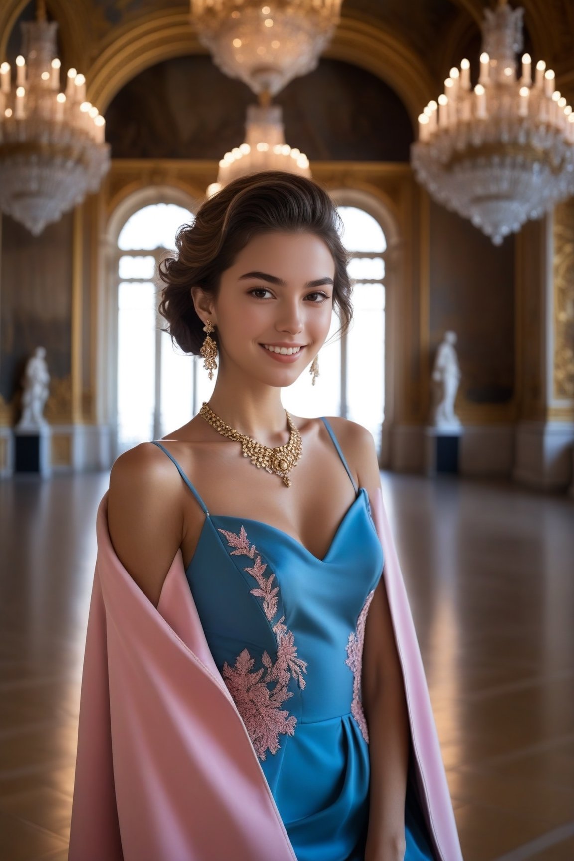 Hyper-Realistic photo of a french girl taking a selfie,20yo,1girl,perfect female form,perfect body proportion,perfect anatomy,cyan and pink color,elegant jacket and skirt,detailed exquisite face,soft shiny skin,smile,mesmerizing,short hair,small earrings,necklaces
BREAK
(backdrop of Palace of Versailles,indoors,chandelier:1.2),(fullbody:1.2),(highheels:1.2),girl focus
BREAK
(rule of thirds:1.3),perfect composition,studio photo,trending on artstation,(Masterpiece,Best quality,32k,UHD:1.5),(sharp focus,high contrast,HDR,hyper-detailed,intricate details,ultra-realistic,award-winning photo,ultra-clear,kodachrome 800:1.3),(chiaroscuro lighting,soft rim lighting:1.2),by Karol Bak,Gustav Klimt and Hayao Miyazaki,real_booster, photo_b00ster,ani_booster