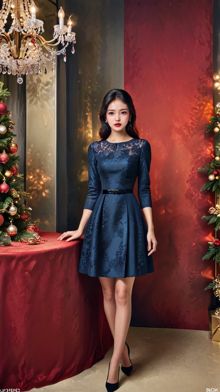 Envision a poised 23-year-old woman gracing an elegant Parisian Christmas soirée in refined fashion. Her attire exudes European sophistication, a carefully chosen ensemble that embodies the grace and timeless style reminiscent of Paris's high fashion. Opting for a dress that reflects the chic aesthetics of the city of lights, she effortlessly blends into the upscale setting. Modern accessories complement her refined look, and the venue is adorned with subtle Christmas decorations, creating an ambiance of Parisian elegance and festive charm.digital painting,rambrandt lighting,han-hyoju-xl,<lora:659095807385103906:1.0>,kimtaeri-xl,<lora:659095807385103906:1.0>