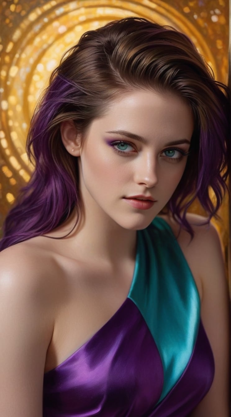 realistic half body portrait of a beautiful woman,alluring neighbor's wife,(Kristen Stewart),body model portrait,clear facial features,perfect body,perfect in every way,playful smirks,seductive eyes,elegant dress,(Purple,Turquoise,Gold,Cream colors),rule of thirds,chiaroscuro lighting,soft rim lighting,key light reflecting in the eyes,bokeh backdrop,painterly,by karol bak and gustav klimt,art_booster,real_booster