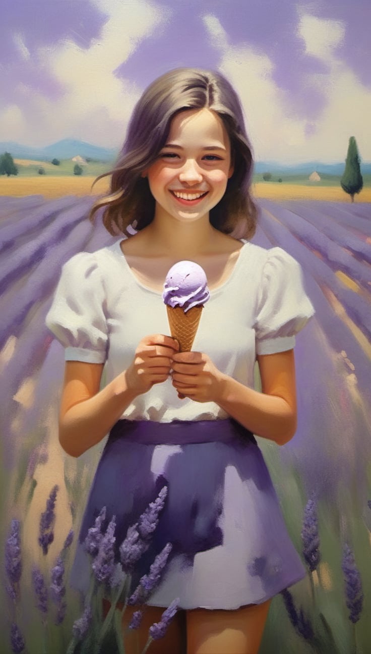 Generate an image of a happy teenage girl standing in the midst of a lavender field, holding a lavender ice cream in a hand, depicted in a contemporary oil painting style inspired by modern artists. greg rutkowski,kimtaeri-xl,greg rutkowski