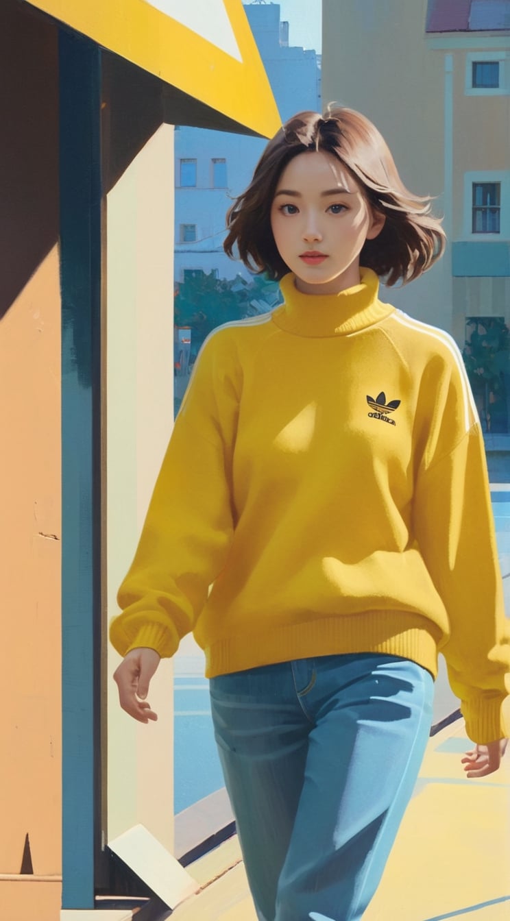 Girl in yellow sweater and blue jeans with Adidas sneakers in Volgograd, acrylic painting, trending on pixiv fanbox, palette knife and brush strokes, style of makoto shinkai jamie wyeth james gilleard edward hopper greg rutkowski studio ghibli genshin impact