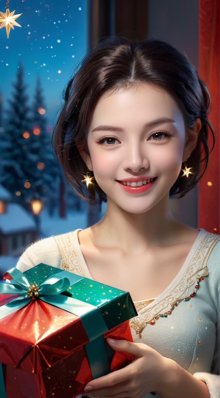 Generate an image of a happy Christmas scene: On a snowy Christmas morning, a beautiful woman is preparing Christmas gifts in her cozy home studio. With delicate fingertips, she carefully wraps the gifts, and within the serene atmosphere of various Christmas decorations, the warm white lights cast a gentle glow.

The gift boxes are adorned with festive Christmas wrapping paper and elegantly tied with luxurious ribbons. The woman adds a special message to each gift, paying attention to small details to make the moment of giving even more special.

Sunlight gently streams into the room, illuminating the Christmas tree and sparkling Christmas stars, creating a festive ambiance. As the woman thoughtfully prepares the gifts, her intention to share the joy and warmth of Christmas is palpable. BREAK

(masterpiece,best quality,ultra-detailed,8K,intricate, realistic:1.3),(full body, wide shot:1.3),smile,black bob_cut, beautiful but modest clothing,earrings,jewelry, shiny skin, detailed exquisite face,rembrandt lighting,1 girl,Color Booster, leonardo,style,cyberpunk style,greg rutkowski,cyberpunk,koh_yunjung