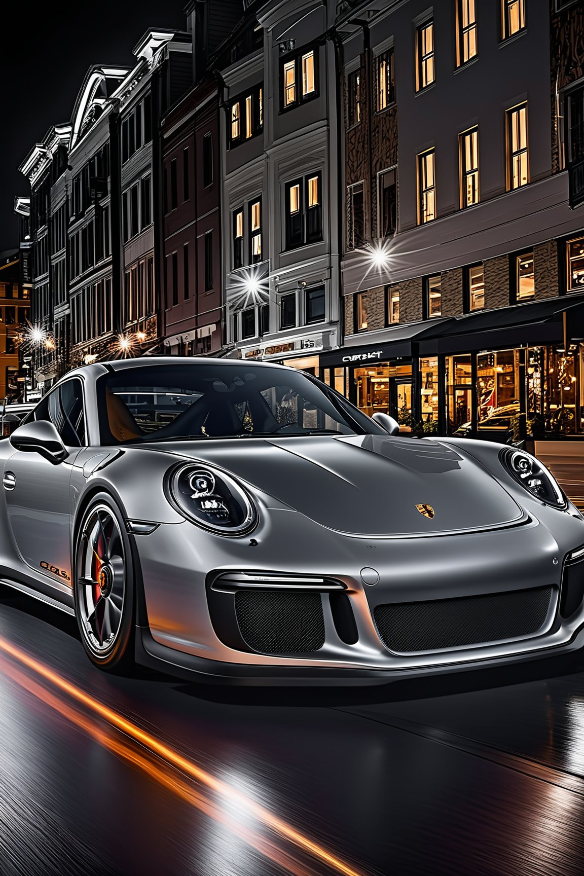 Hyper-Realistic photo of a sleek Silver coloured Porsche 911 driving on a street at speed at night,race livery,shiny spinning wheels,glossy black alloy rims with silver edge,bright turned on head lights,full car in frame
BREAK
backdrop:city street,puddles,lights,[cluttered maximalism]
BREAK
settings: (rule of thirds1.3),perfect composition,studio photo,trending on artstation,depth of perspective,(Masterpiece,Best quality,32k,UHD:1.4),(sharp focus,high contrast,HDR,hyper-detailed,intricate details,ultra-realistic,kodachrome 800:1.3),(cinematic lighting:1.3)
BREAK
(artists:Karol Bak$,Alessandro Pautasso$,Gustav Klimt$ and Hayao Miyazaki$:1.3)
BREAK
LoRA:art_booster,photo_b00ster, real_booster,Porsche,H effect,911,realistic