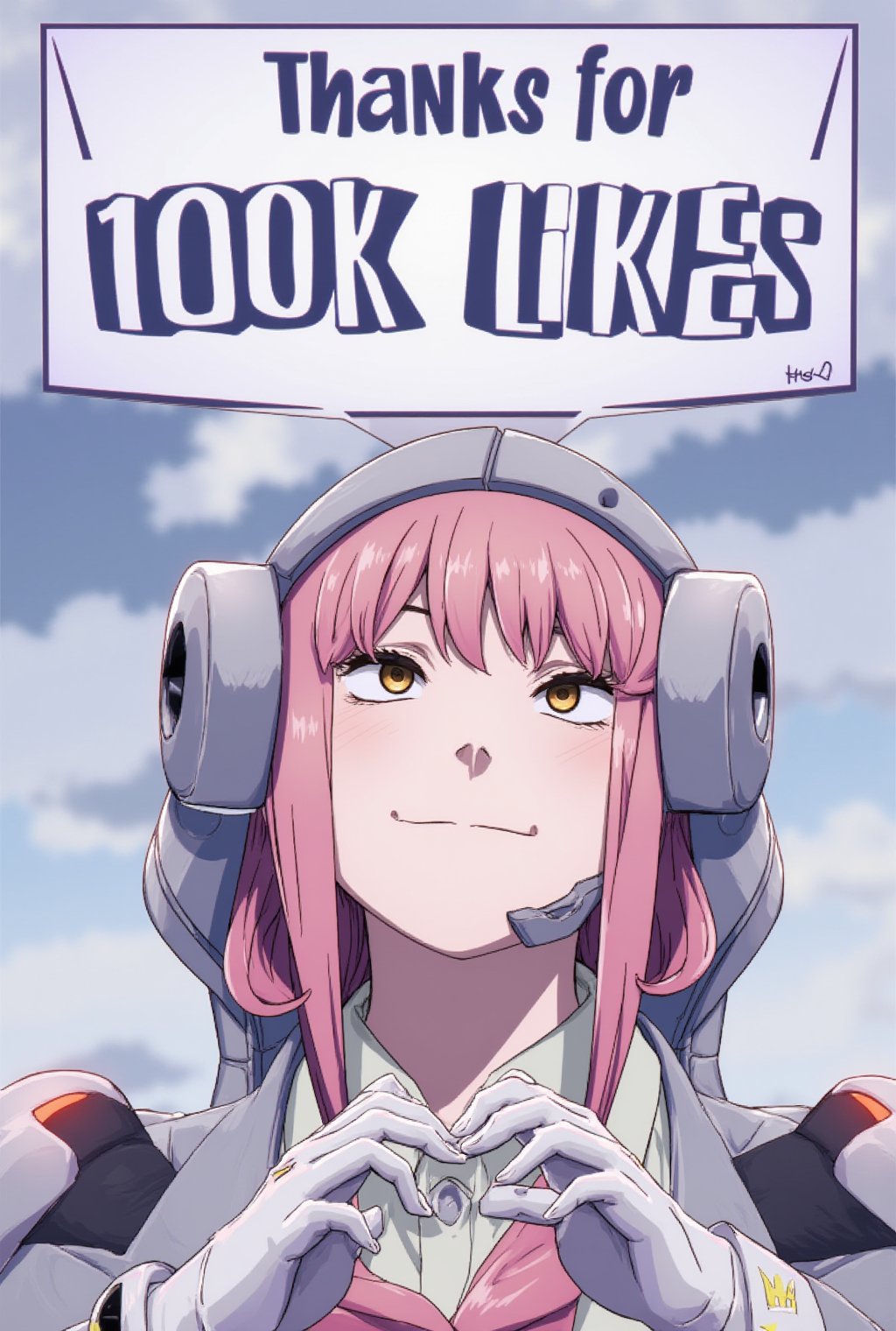 Anime of a happy cute cyborg girl,making hand heart,big smile,by ghibli,big word bubble with bold font on top saying "Thanks for 100K Likes ❤️",ek_an1_b00ster,flux_makima