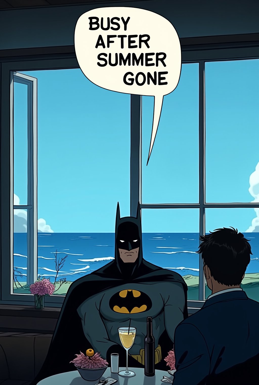 Anime of a batman in a cafe,(big word bubble with bold font on top saying "busy after summer gone"),backdrop of oceanview cafe,window,table,cocktail,bottle,flower,realistic,detailed,sharp focus,high contrast,rule of thirds,chiaroscuro lighting,by the style of ghibli,ek_art_b00ster,ek_an1_b00ster