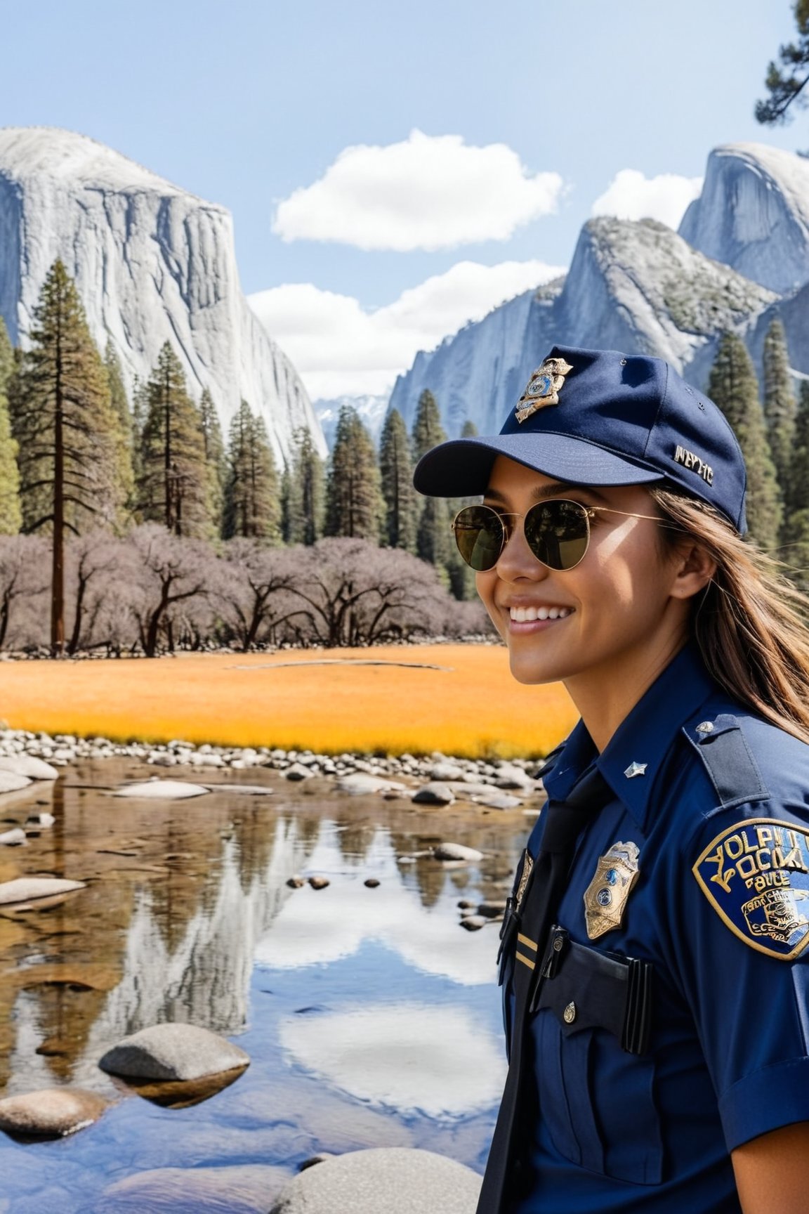 Hyper-Realistic close-up photo of a beautiful NYPD police officer in Yosemite national park,20yo,1girl,solo,NYPD police uniform,cap,detailed exquisite face,soft shiny skin,smile,sunglasses,looking at viewer,Jessica Alba lookalike,cap,fullbody:1.3
BREAK
backdrop:yva11ey1,river,lake,reflection \(on lake\),rock,mountain,forest,police car,(girl focus:1.3),cluttered maximalism
BREAK
settings: (rule of thirds1.3),perfect composition,studio photo,trending on artstation,depth of perspective,(Masterpiece,Best quality,32k,UHD:1.4),(sharp focus,high contrast,HDR,hyper-detailed,intricate details,ultra-realistic,kodachrome 800:1.3),(cinematic lighting:1.3),(by Karol Bak$,Alessandro Pautasso$,Gustav Klimt$ and Hayao Miyazaki$:1.3),art_booster,photo_b00ster, real_booster