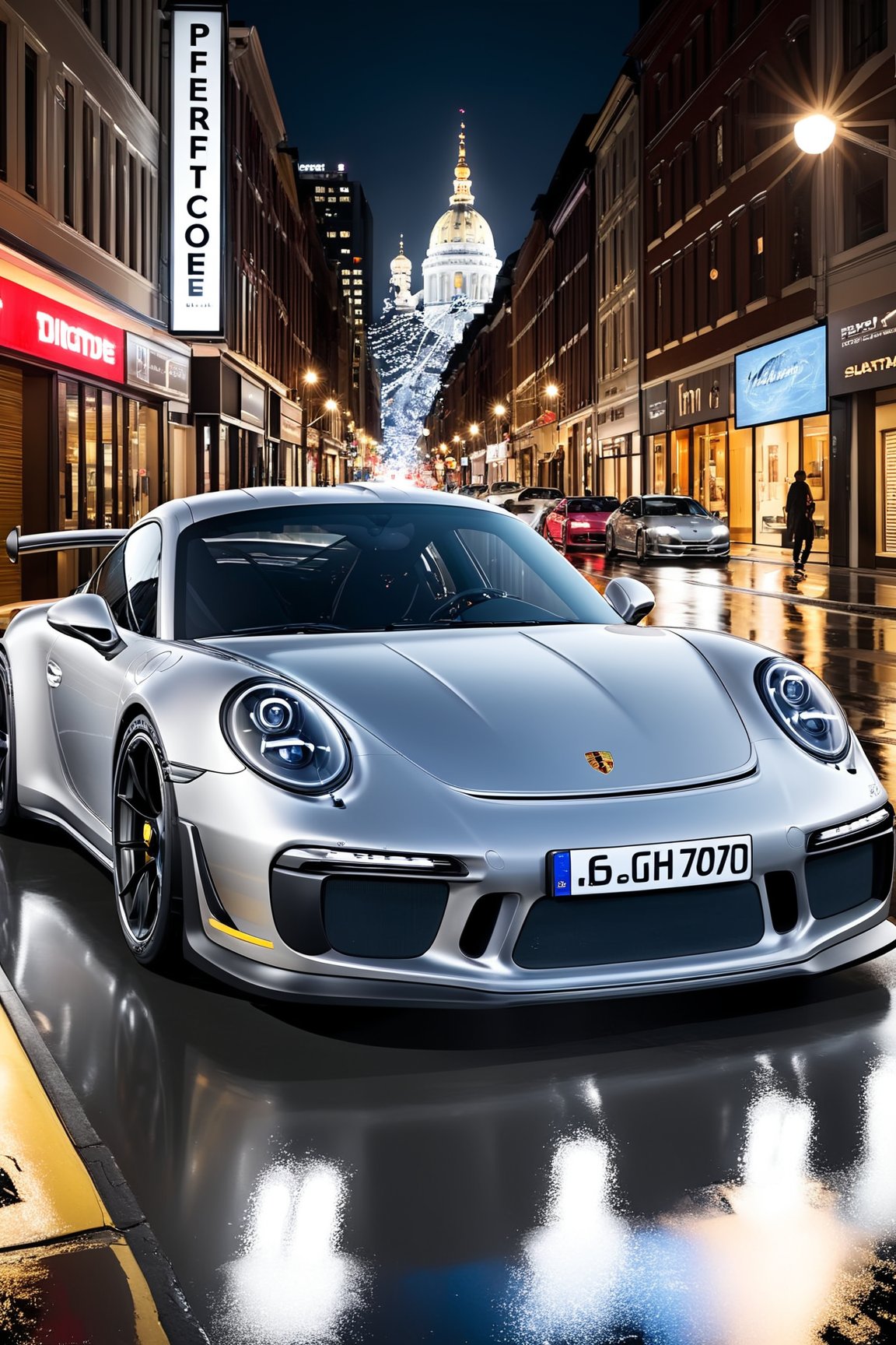 Hyper-Realistic photo of a sleek Silver coloured Porsche 911 driving on a street at speed at night,race livery,shiny spinning wheels,glossy black alloy rims with silver edge,bright turned on head lights,full car in frame
BREAK
backdrop:city street,puddles,lights,[cluttered maximalism]
BREAK
settings: (rule of thirds1.3),perfect composition,studio photo,trending on artstation,depth of perspective,(Masterpiece,Best quality,32k,UHD:1.4),(sharp focus,high contrast,HDR,hyper-detailed,intricate details,ultra-realistic,kodachrome 800:1.3),(cinematic lighting:1.3)
BREAK
(artists:Karol Bak$,Alessandro Pautasso$,Gustav Klimt$ and Hayao Miyazaki$:1.3)
BREAK
LoRA:art_booster,photo_b00ster, real_booster,Porsche,H effect,911,realistic