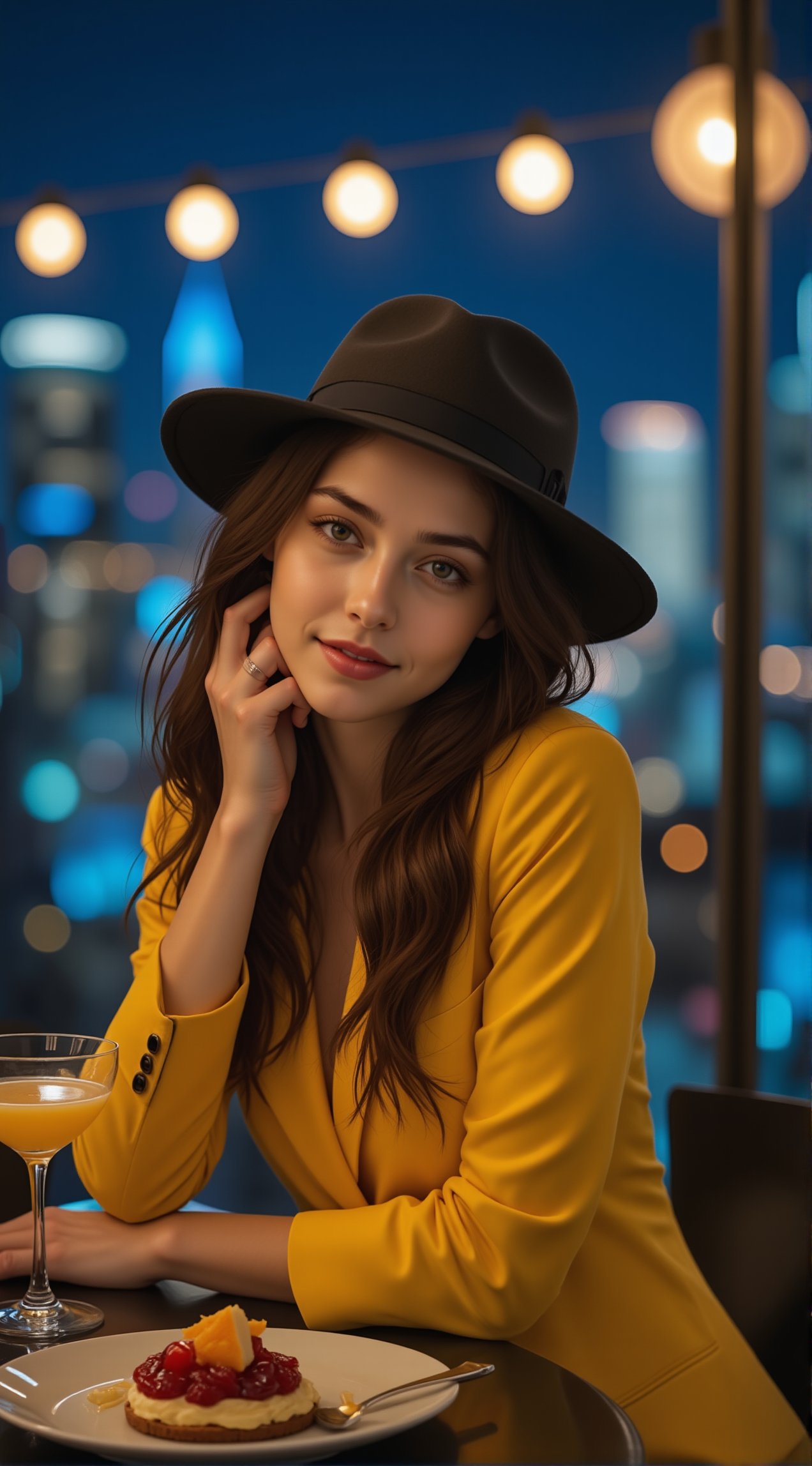 a beautiful girl,exquisite face,soft shiny skin,smile,wearing urban high fashion style,in a skyview cafe at night,cocktail,dessert,city scrapes,chiaroscuro lighting,[cobalt blue and yellow colors],round chin no dimple,beauy_ks01,ek_ph0t0_b00ster