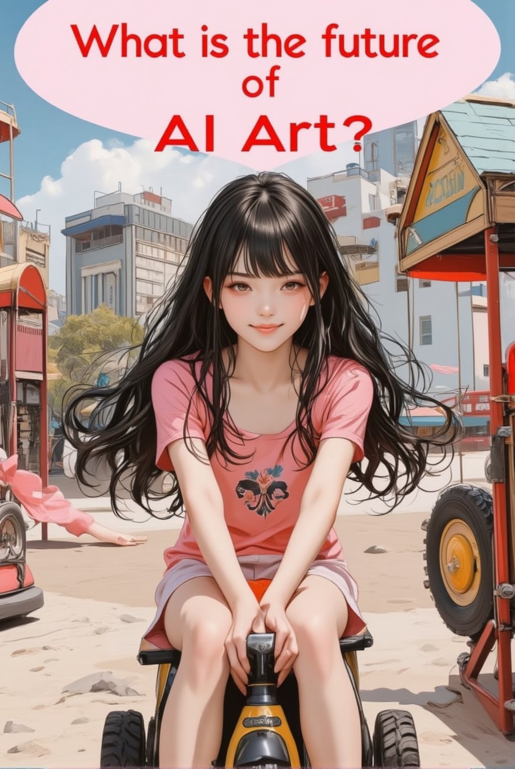 An anime of a cute girl saying "What is the future of AI Art?" in a big word bubble.big smile.riding a toy horse in a playground,beauy_ks01,anime style,ek_an1_b00ster,acryli painting,ILLUSTRANIME