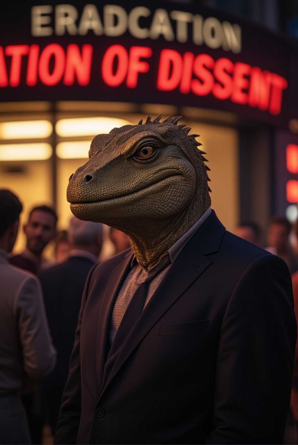 A sleek and imposing reptilian figure, dressed in a sharp suit, stands confidently in front of a crowd. Above it, a glowing neon sign reads 'Eradication of Dissent,' casting an eerie light on the scene. The reptilian’s true face is hidden behind a smiling human mask, projecting an air of charm and authority. While the onlookers are captivated by the charismatic façade, subtle hints of its true nature peek through—the gleam of scales and cold, calculating eyes just visible at the edges of the mask. This scene captures the eerie contrast between the reptilian overlord's deceptive appearance and its sinister intent, embodying the hidden control exerted over humanity.
BREAK
detailed exquisite face,soft shiny skin,realistic,detailed,sharp focus,high contrast,rule of thirds,depth of perspective,award-winning photo,chiaroscuro lighting,ek_g1rl_02