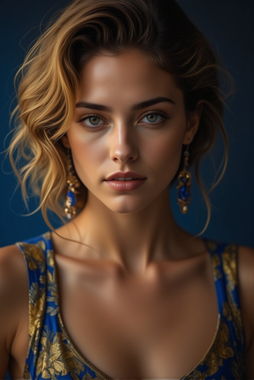 hyper-realistic closeup model portrait,greek woman,backless dress,studio portrait,dramatic,cinematic light,hdr,exquisite face,natural skin,perfectly centered,bokeh,painterly,hyper photorealistic professional photoshoot,round chin no dimple,cobalt blue and yellow colors, ek_g1rl_02,beauy_ks01,ek_ph0t0_b00ster,ek_art_b00ster