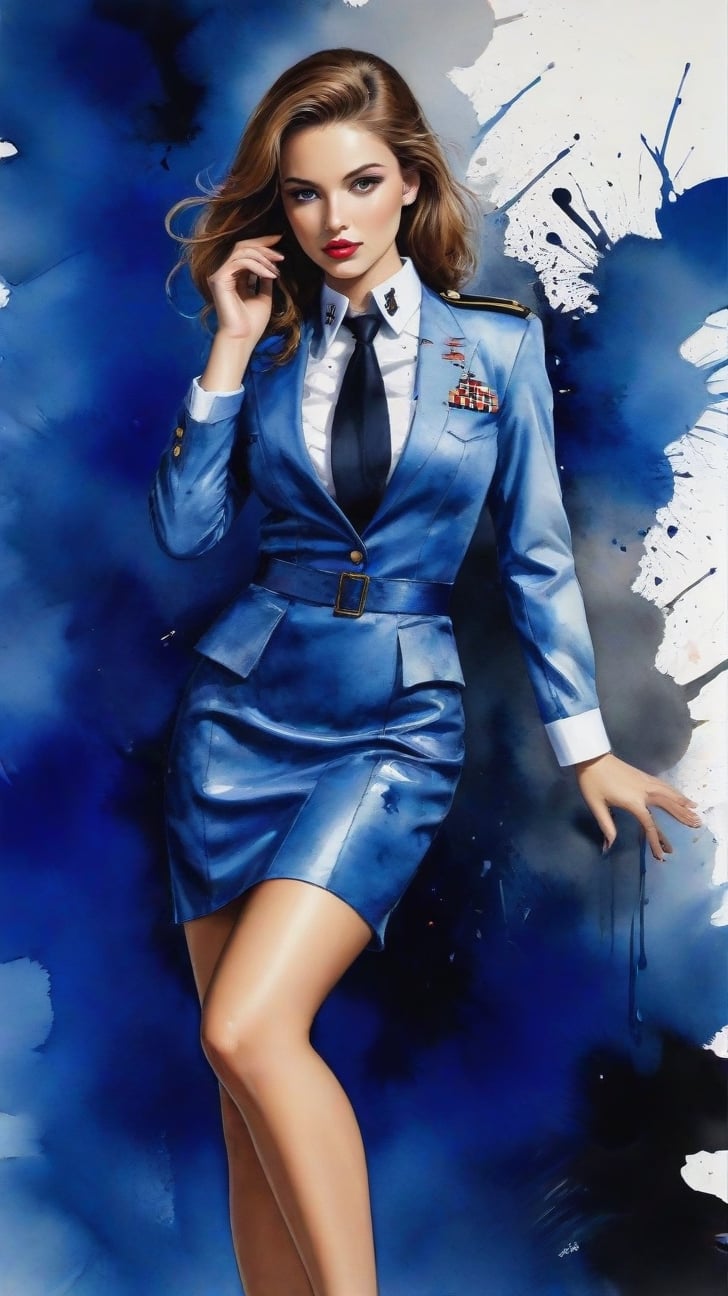 (alcohol ink watercolor art) of a beautiful 20yo US Navy officer in Navy uniform,model body,1girl,exquisite face,heels
BREAK 
colorful splatters and ink stains backdrop,(Frank Miller's Sin City style:1.3),trending on artstation,CG society,(rule of thirds:1.5),art_booster,minimalist,artint