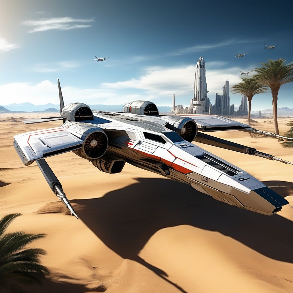 A realistic photo of starship x-wing starfighter in Star Wars universe,parked on ground with stands on desert,wings folded,laser cannons at each wing tip,engines located at wing root,desert,sand,palm tree,,sky,cloud,cityscrapes,front left view,R2 D2 walking around next to the ship,
ek_starsh1p,ek_xw1ng,ek_xwf1