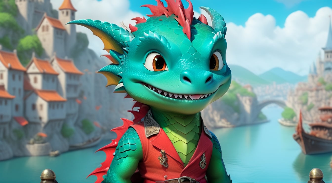 a cute dragon boy,on a large luxury travel boat on a river,beautiful city skylines backdrop,highly detailed,cinematic lighting,rule of thirds,depth of perspective,trending on artstation,fullbody,wide shot,dragon_h,art_booster,real_booster