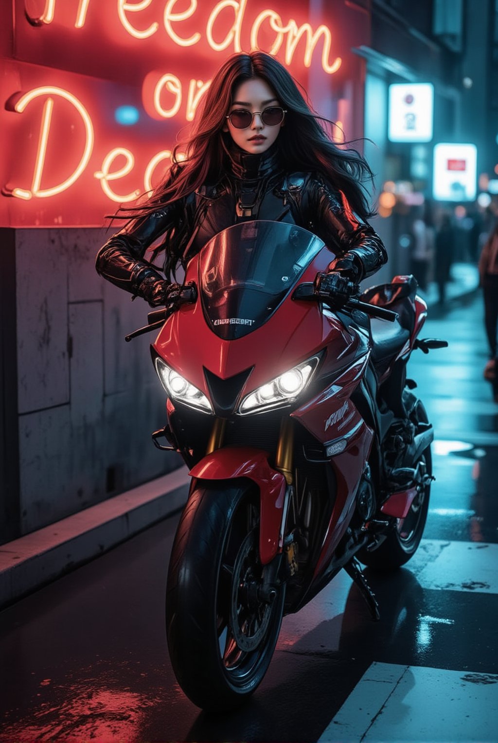 a cyborg girl in mecha armor. Black and red colored armor. neon light lines glowing, exquisite face, soft shiny skin, longhair blowing, sunglasses. riding a motor cycle, kawasaki ninja h2 carbon at high speed,city street backdrop,puddles,focused expression,dark,(((Big neon light saying "Freedom or Death" in the background)))
BREAK
realistic,detailed,sharp focus,high contrast,rule of thirds,depth of perspective,award-winning photo,chiaroscuro lighting,ek_g1rl_02,ink style