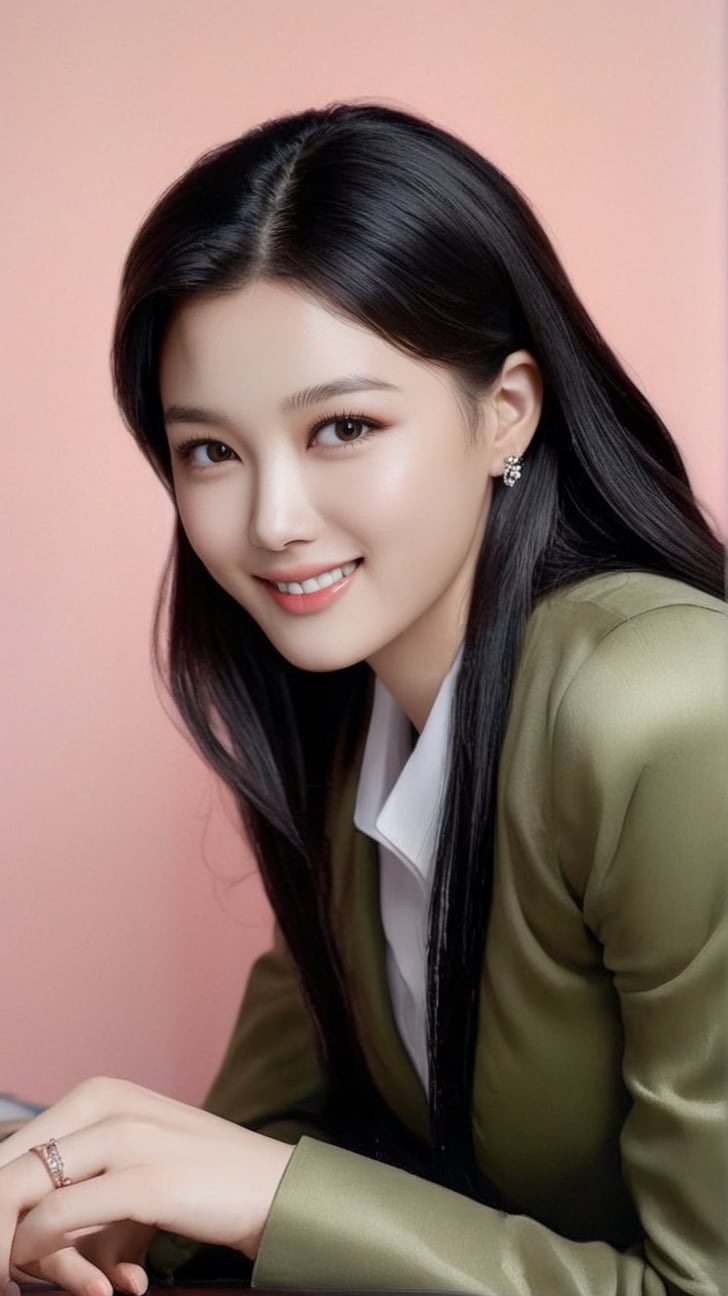 Hyper-realistic upperbody image of a girl sitting in office,20yo,detailed symmetric face,detailed soft shiny skin,(black eyes),small face,playful smirks,long black hair,jewelry,elegant jacket on shirt,jewelry,city skyline backdrop,studio photo,(Apricot,Coral Pink,Olive Green, Sand Beach color),trending on artstation,(model photography,Masterpiece,HDR, intricate details,sharp focus,high contrast,Kodakchome 800),rembrandt lighting,by Karol Bak,Alessandro Pautasso and Hayao Miyazaki,real_booster, art_booster,kim youjung