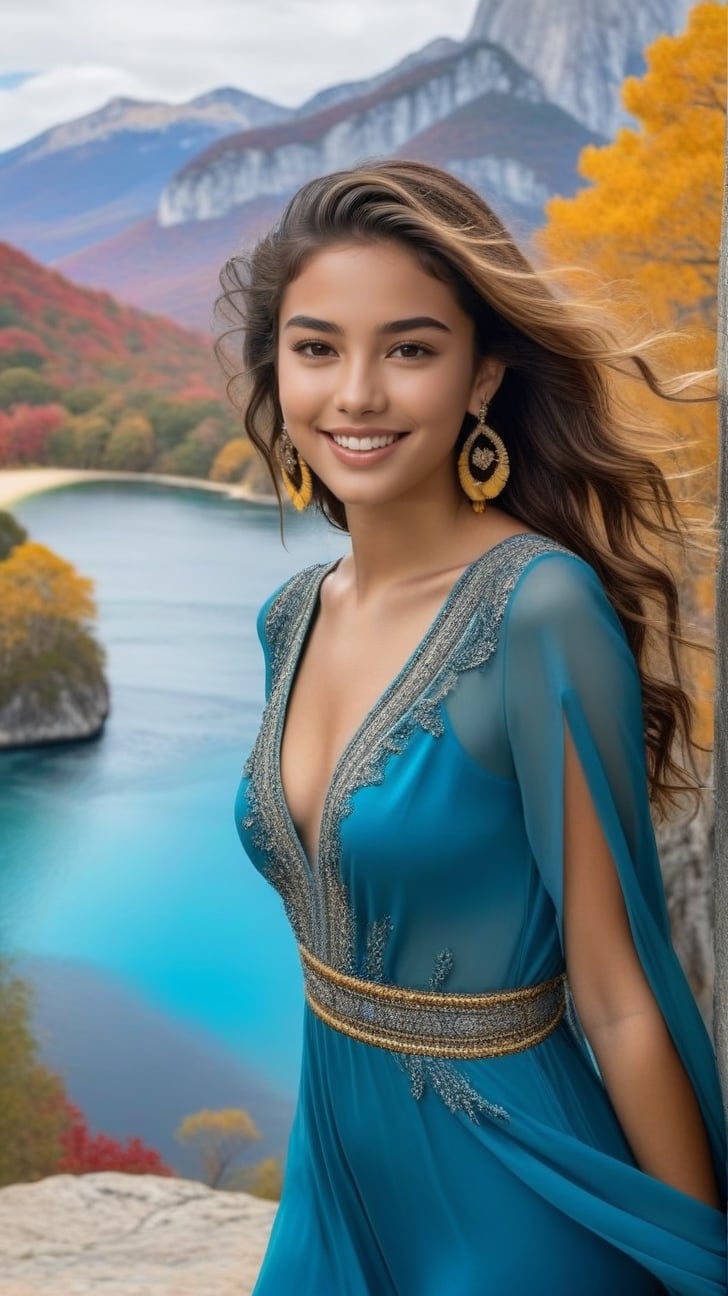 Hyper-Realistic photo of a brazilian girl,20yo,1girl,perfect female form,perfect body proportion,perfect anatomy,[Turquoise,Baby Blue,Mustard Yellow,Gray color],elegant dress,detailed exquisite face,soft shiny skin,smile,mesmerizing,disheveled hair,small earrings,necklaces,Chanel bag,cluttered maximalism
BREAK
(backdrop of valley in national park,valley with mountain and rock,colorful autumn forest and trees,large lake,reflection on water),(fullbody:1.3),(heels:1.3)
BREAK
(rule of thirds:1.3),perfect composition,studio photo,trending on artstation,(Masterpiece,Best quality,32k,UHD:1.4),(sharp focus,high contrast,HDR,hyper-detailed,intricate details,ultra-realistic,award-winning photo,ultra-clear,kodachrome 800:1.25),(infinite depth of perspective:2),(chiaroscuro lighting,soft rim lighting:1.15),by Karol Bak,Antonio Lopez,Gustav Klimt and Hayao Miyazaki,photo_b00ster,real_booster,art_booster,y0sem1te,yva11ey1:1.2
