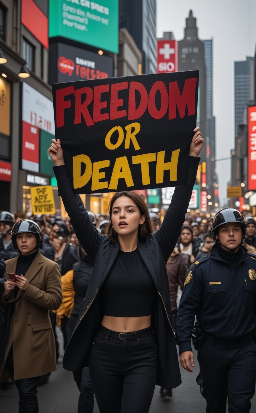 A powerful scene of a beautiful, determined woman leading a protest march, standing at the forefront of a crowd. She holds a bold, hand-painted banner that reads 'Freedom or Death,' her eyes filled with courage as she shouts passionately, her voice carrying over the crowd. The woman is not alone—beside her, protesters march in solidarity, gripping the edges of the same banner, their faces showing the same resolve and defiance. The atmosphere is tense, as uniformed police officers surround the group on all sides, their presence creating a stark contrast to the hopeful, fearless energy of the marchers. The woman’s posture is unwavering, her fist raised high as she leads the chant, symbolizing resistance and the fight for freedom. The scene captures a moment of bravery, where a single voice, joined by many, stands firm against oppression, with the looming threat of force ever-present. The tension in the air is palpable, but the spirit of the protesters remains unbroken." This prompt captures the emotion and intensity of a protest where the fight for freedom takes center stage.
BREAK
realistic,detailed,sharp focus,high contrast,rule of thirds,depth of perspective,award-winning photo,chiaroscuro lighting
BREAK
ek_g1rl_02,ek_art_b00ster,beauy_ks01, ek_ph0t0_b00ster