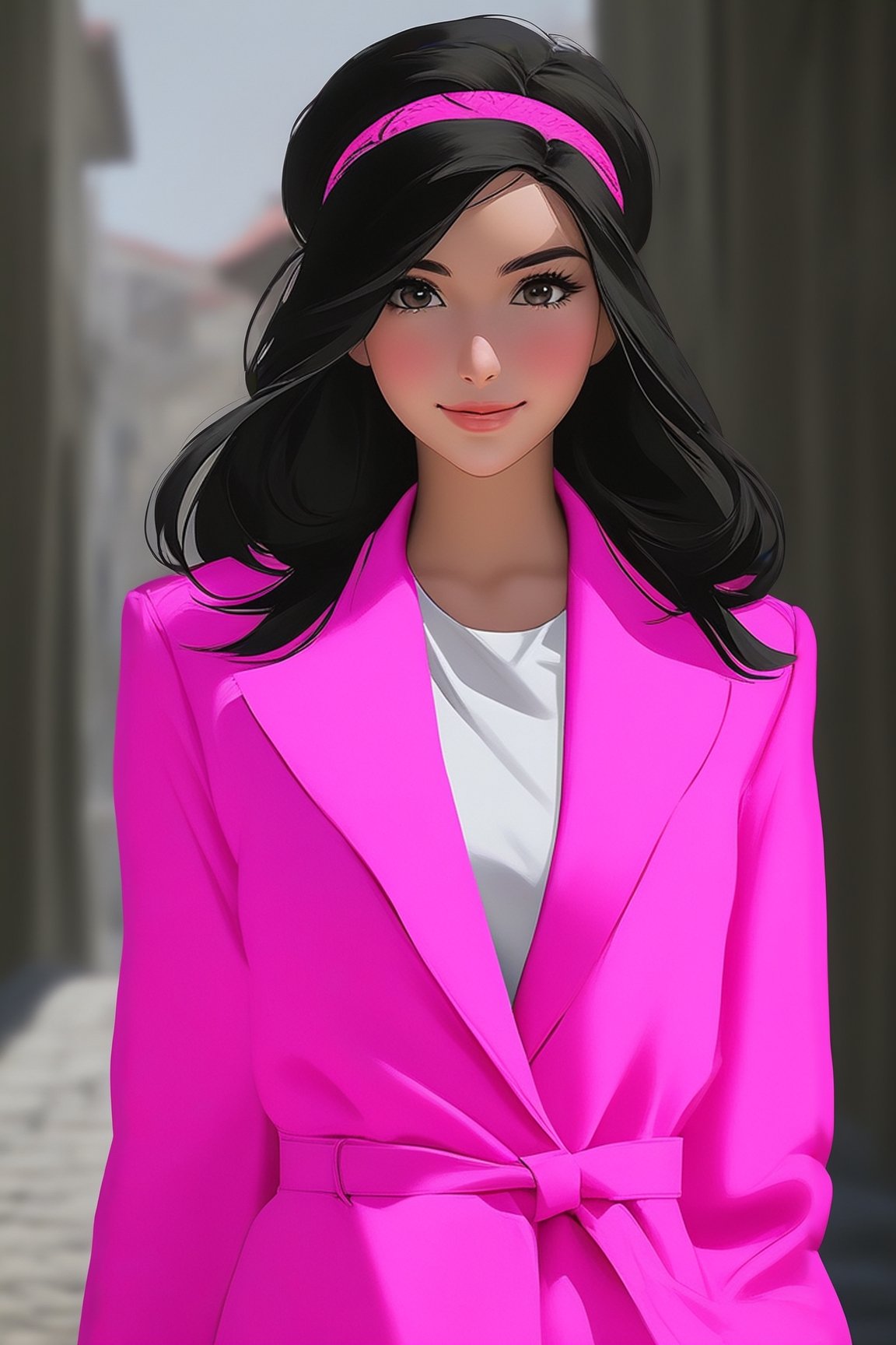 Highly-detailed beautiful girl,20yo, yor briar\(Spy x Family\),standing in street,detailed exquisite face,soft shiny skin,detailed eyes,perfect female form,hourglass figure,pink coat,long black hair,hair band,smile,perfect hands,perfect fingers,vibrant colors,looking at viewer,1girl,solo,(half body shot:1.2)
BREAK
trending on artstation,rule of thirds,perfect composition,cinematic lighting,anime style,highly realistic,masterpiece,sharp focus,high contrast,art_booster,ani_booster,photo_b00ster,real_booster,