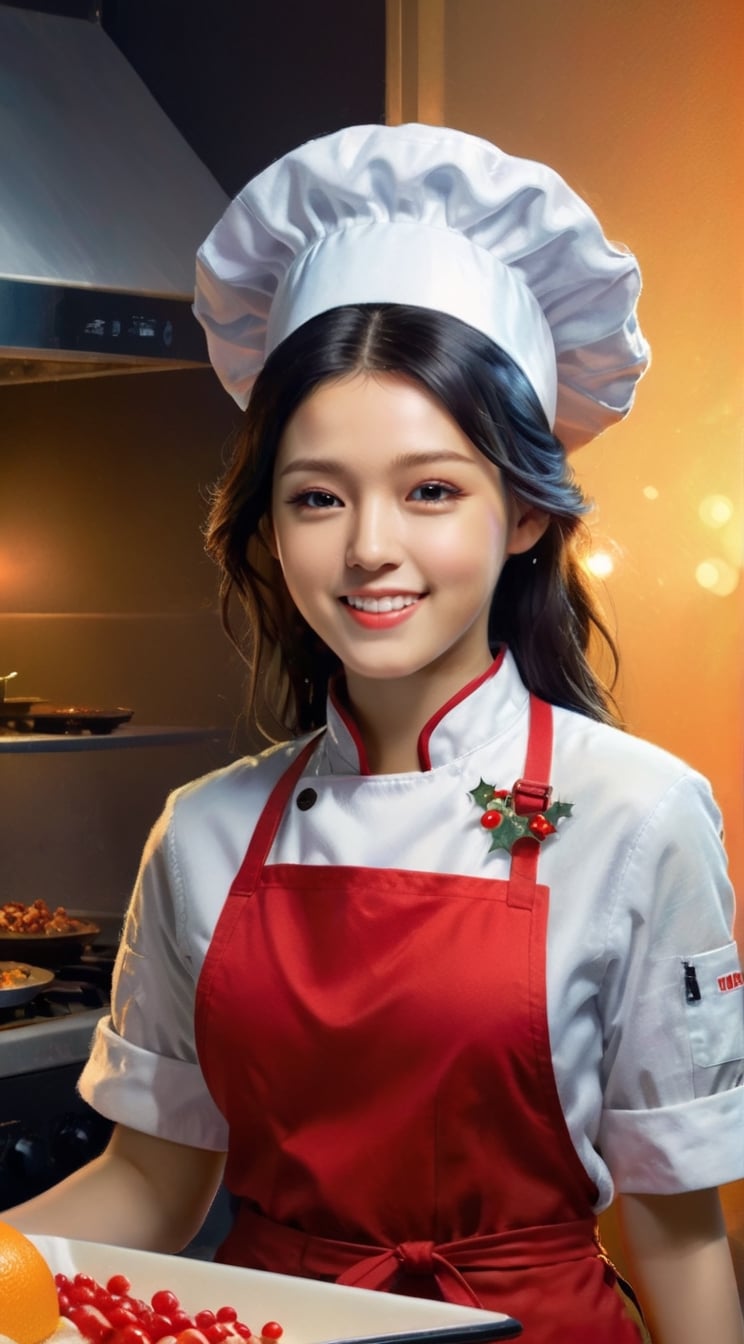 "Generate an image of a young woman (23 years old) cooking a delicious meal in the kitchen on Christmas Eve. She is immersed in the culinary process, gracefully handling ingredients and pots on the stove. The warm glow of the oven illuminates her focused expression, and the festive atmosphere is accentuated by Christmas decorations in the kitchen. The woman wears a stylish apron and chef's hat, adding flair to her festive cooking attire. Surrounding her are holiday-themed ingredients, and the aromas of Christmas spices fill the air. The scene captures the joy and warmth of Christmas, blending culinary artistry with the spirit of the festive season." BREAK

(masterpiece,best quality,ultra-detailed,8K,intricate, realistic:1.3),(full body, wide shot:1.3),smile,black hair, earrings,jewelry, shiny skin, detailed exquisite face,rembrandt lighting,1 girl,Color Booster, leonardo,style,cyberpunk style,greg rutkowski,cyberpunk,seolhyun