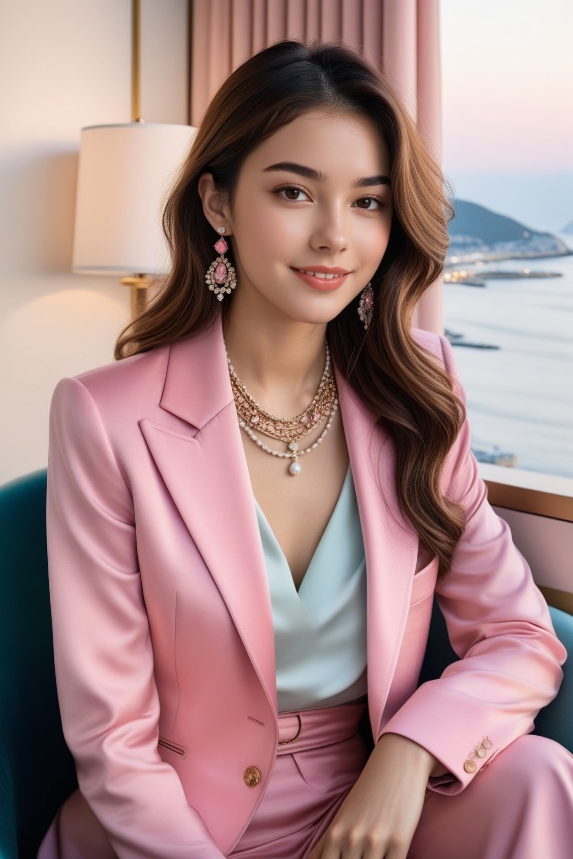 Hyper-Realistic photo of a french girl sitting in a hotel room chair,20yo,1girl,perfect female form,perfect body proportion,perfect anatomy,aqua pink and white color,elegant jacket ,detailed exquisite face,soft shiny skin,smile,mesmerizing,disheveled hair,small earrings,necklaces,chanel bag,cluttered maximalism
BREAK
(backdrop of a beautiful night scene of Gwang Ahn Dae Gyo bridge in Busan,Korea,ocean,bridge,table, window,curtain,coffee mug),(fullbody:1.2)
BREAK
(rule of thirds:1.3),perfect composition,studio photo,trending on artstation,(Masterpiece,Best quality,32k,UHD:1.4),(sharp focus,high contrast,HDR,hyper-detailed,intricate details,ultra-realistic,award-winning photo,ultra-clear,kodachrome vintage:1.25),(chiaroscuro lighting,soft rim lighting:1.15),by Karol Bak,Antonio Lopez,Gustav Klimt and Hayao Miyazaki,photo_b00ster,real_booster,art_booster