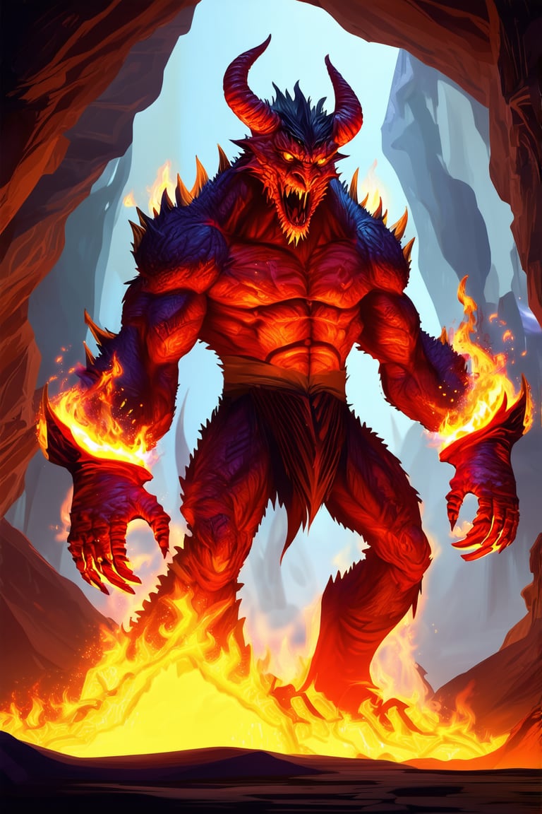 a devil monster stands in dark cave. He uses the magic ring and turns into the ultimate form of a fire magic \(ek_ge1frt\) monster,fire elemental effect,ek_game_3ffect,ek_real_b00ster