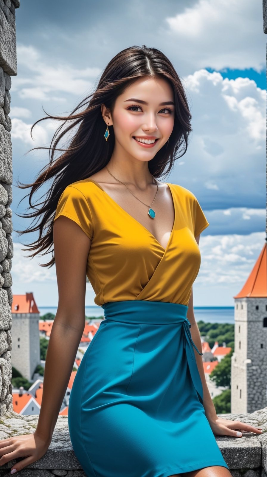 (Hyper-Realistic) photo of a girl,20yo,clear facial features,shiny skin,earrings,necklace,smile, mesmerizing,disheveled blowing hair,perfect female form,perfect body proportion,perfect anatomy,elegant form-fitting short dress,(Turquoise,Baby Blue,Mustard Yellow,Gray color),(fullbody:1.3),(highheels:1.3)
BREAK
(backdrop of the walls of Visby,also known as Ringmüren, the best-preserved medieval walls in Scandinavia,located on the island of Gotland in the Baltic Sea:1.2),(Create an image with a beautifully composed background,featuring a diminutive model in the foreground)
BREAK
rule of thirds,perfect composition,depth of perspective,studio photo,trending on artstation,(Masterpiece,Best quality,sharp focus,high contrast,HDR,hyper-detailed,intricate details,ultra-realistic:1.3),(cinematic lighting),by Karol Bak,Gustav Klimt and Hayao Miyazaki,photo_b00ster,real_booster, ani_booster,art_booster,kuchiki rukia,inoue orihime