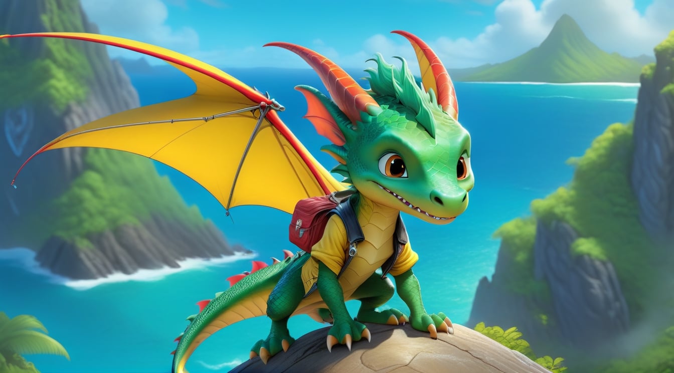 Cartoon: a cute dragon boy,flying in a hang glider,mustard-yellow biker jacket,Hawaii  backdrop,highly detailed,ultra-realistic,sharp focus,cinematic lighting,rule of thirds,depth of perspective,trending on artstation,(fullbody wide sideshot:1.3),animation style,dragon_h,art_booster