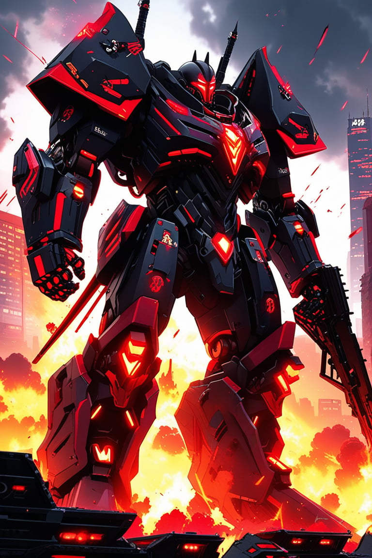 a giant robot \(ek_ct4k\) standing in a battle field,warhammer 4K style,black and red colored armor,ek_game_3ffect,blurry city background,explosion,fire,flame,dynamic angle,anime style by Makoto Shinkai,ek_ph0t0_b00ster, ek_an1_b00ster,upper body shot