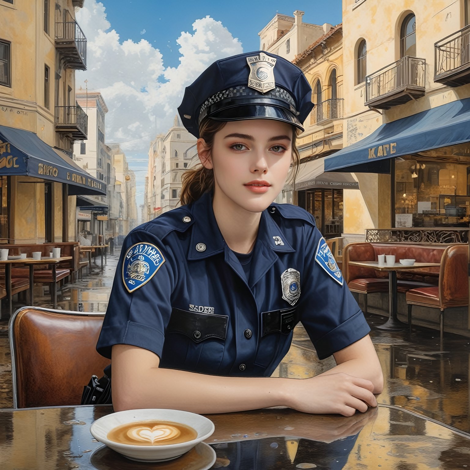 Hyper-Realistic photo of a beautiful LAPD police officer sitting in a cafe,20yo,1girl,solo,LAPD police uniform,cap,detailed exquisite face,soft shiny skin,smile,looking at viewer,Kristen Stewart lookalike,cap,sunglasses,fullbody:1.3
BREAK
backdrop:city street,table,coffee mug,sky,puddles,[cluttered maximalism]
BREAK
settings: (rule of thirds1.3),perfect composition,studio photo,trending on artstation,depth of perspective,(Masterpiece,Best quality,32k,UHD:1.4),(sharp focus,high contrast,HDR,hyper-detailed,intricate details,ultra-realistic,kodachrome 800:1.3),(cinematic lighting:1.3),(by Karol Bak$,Alessandro Pautasso$,Gustav Klimt$ and Hayao Miyazaki$:1.3),art_booster,photo_b00ster, real_booster