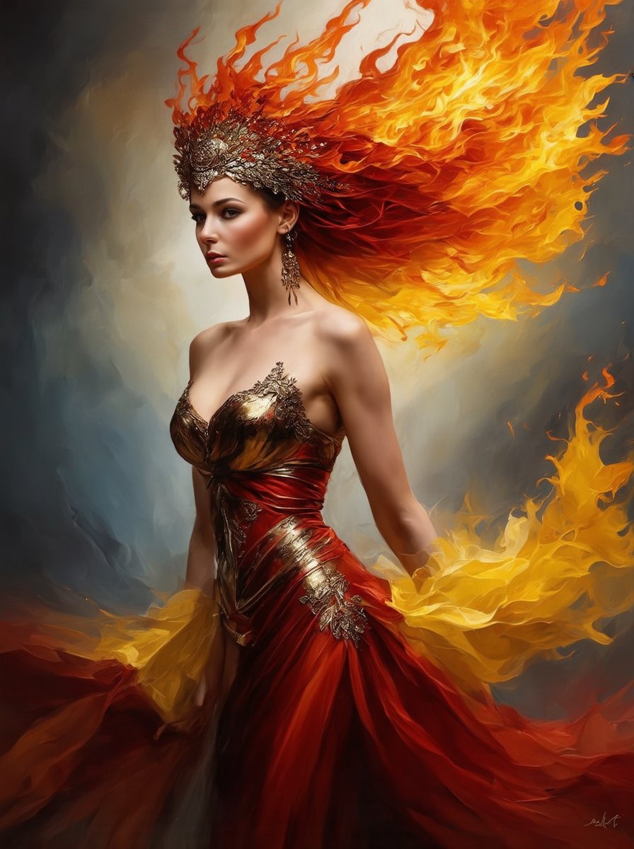 Create an oil painting in the style of Karol Bak, featuring a regal woman with an air of elegance and mystery. She should be adorned in intricate, flowing attire with a blend of metallic and organic textures. Her attire and headdress should incorporate elements of fire, giving the impression of flames and energy radiating around her. The color palette should be dominated by vibrant oranges, yellows, and reds, with rich contrasts and dynamic brushstrokes to evoke a sense of movement and intensity. The woman's expression should be confident and captivating, and the overall composition should be surreal and fantastical, with attention to fine details and a dramatic atmosphere,ek_art_b00ster