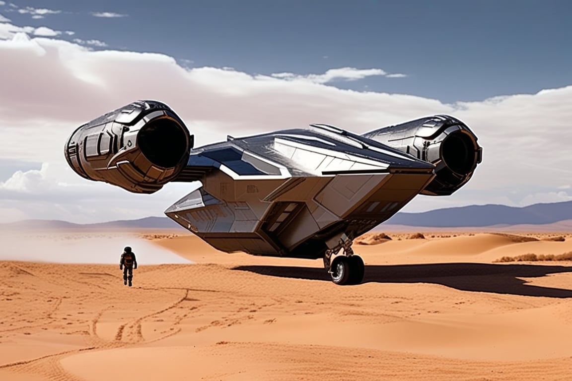 A starship razor crest \(star wars\) landing on desert,thrusts from the jet engine,parked on ground,side door open,ramp from the door,mandalorian walking out of the ship,sand,sky,cloud,realistic,detailed,sharp focus,high contrast,ek_raz0r_cre5t,ek_rcfr0nt_right