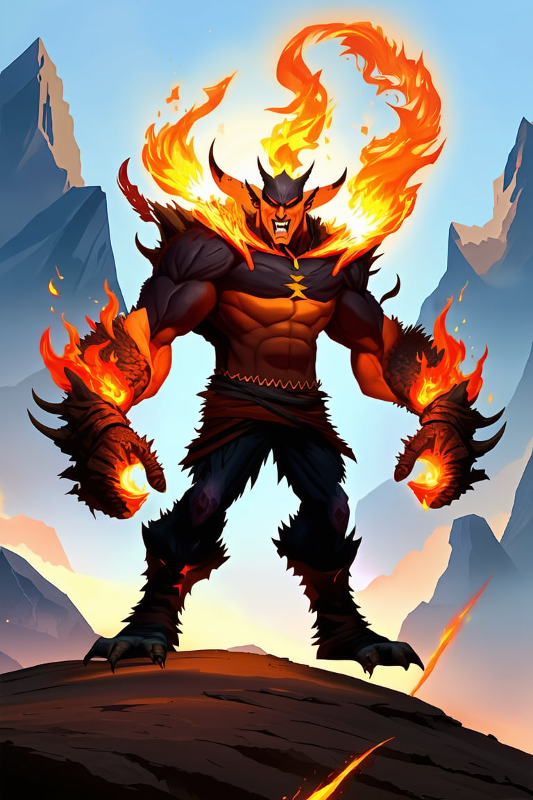 an evil man stands on a hill top. He uses the magic spell and turns into a powerful fire magic \(ek_ge1frt\) monster,ek_game_3ffect,