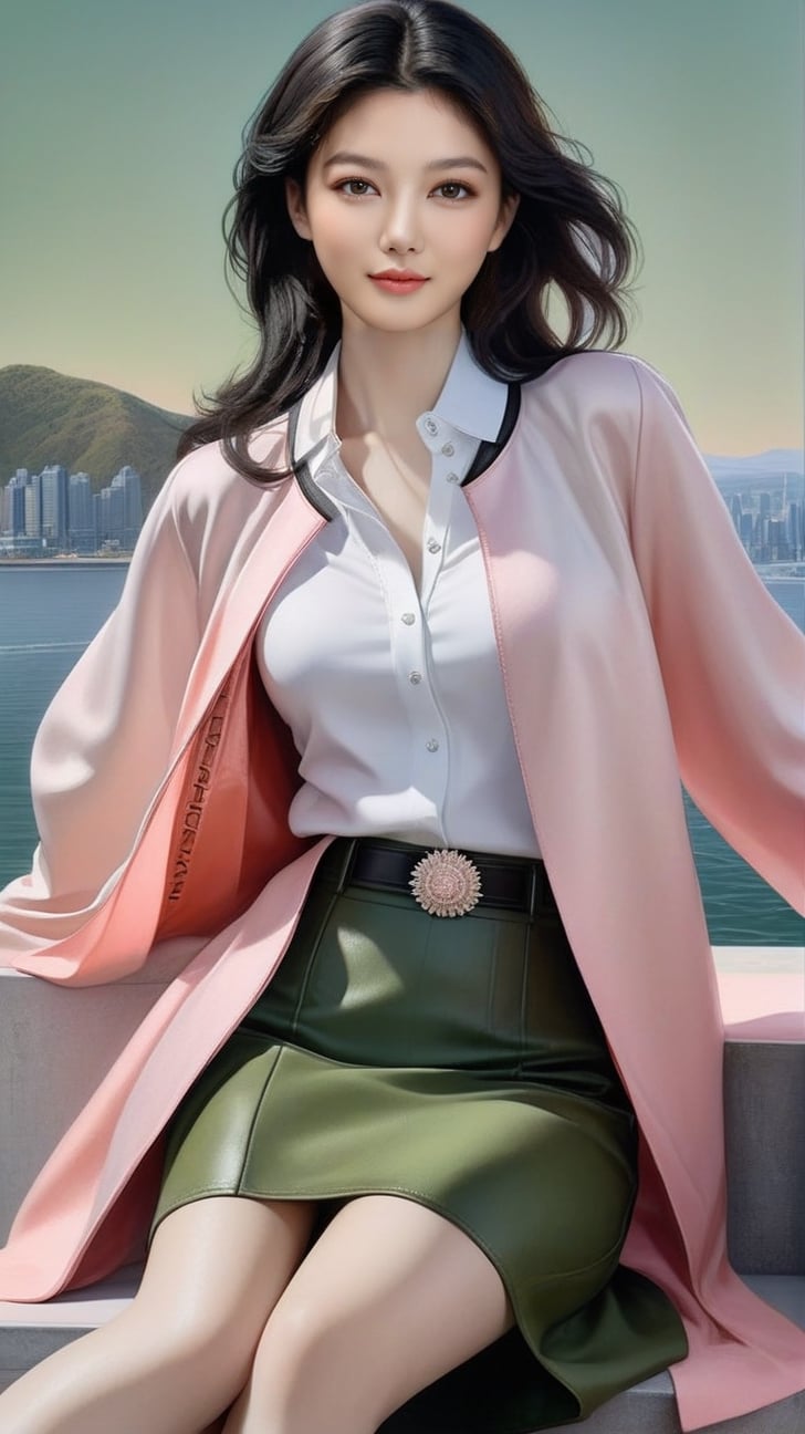 Hyper-realistic upperbody image of a girl sitting in office,20yo,detailed symmetric face,detailed soft shiny skin,(black eyes),small face,playful smirks,long black hair,jewelry,elegant jacket on shirt,jewelry,city skyline backdrop,studio photo,(Apricot,Coral Pink,Olive Green, Sand Beach color),trending on artstation,(model photography,Masterpiece,HDR, intricate details,sharp focus,high contrast,Kodakchome 800:1.2),rembrandt lighting,by Karol Bak,Alessandro Pautasso and Hayao Miyazaki,real_booster, art_booster,kim youjung