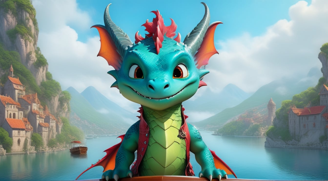 a cute dragon boy,driving a fantastic luxury yacht on a river,beautiful city skylines backdrop,highly detailed,cinematic lighting,rule of thirds,depth of perspective,trending on artstation,wide shot,dragon_h,art_booster,real_booster