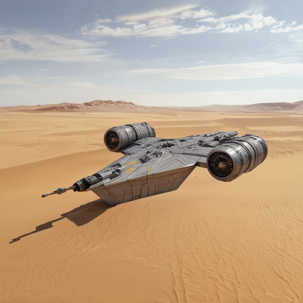 A starship razor crest \(star wars\) landed on desert,top mounted wings,jet engine on wing tip,blunt head,canopy on head top,cannons on both head side

desert,sand,sky,cloud,

realistic,detailed,sharp focus,high contrast, ek_raz0r_cre5t,ek_rcfr0nt_right