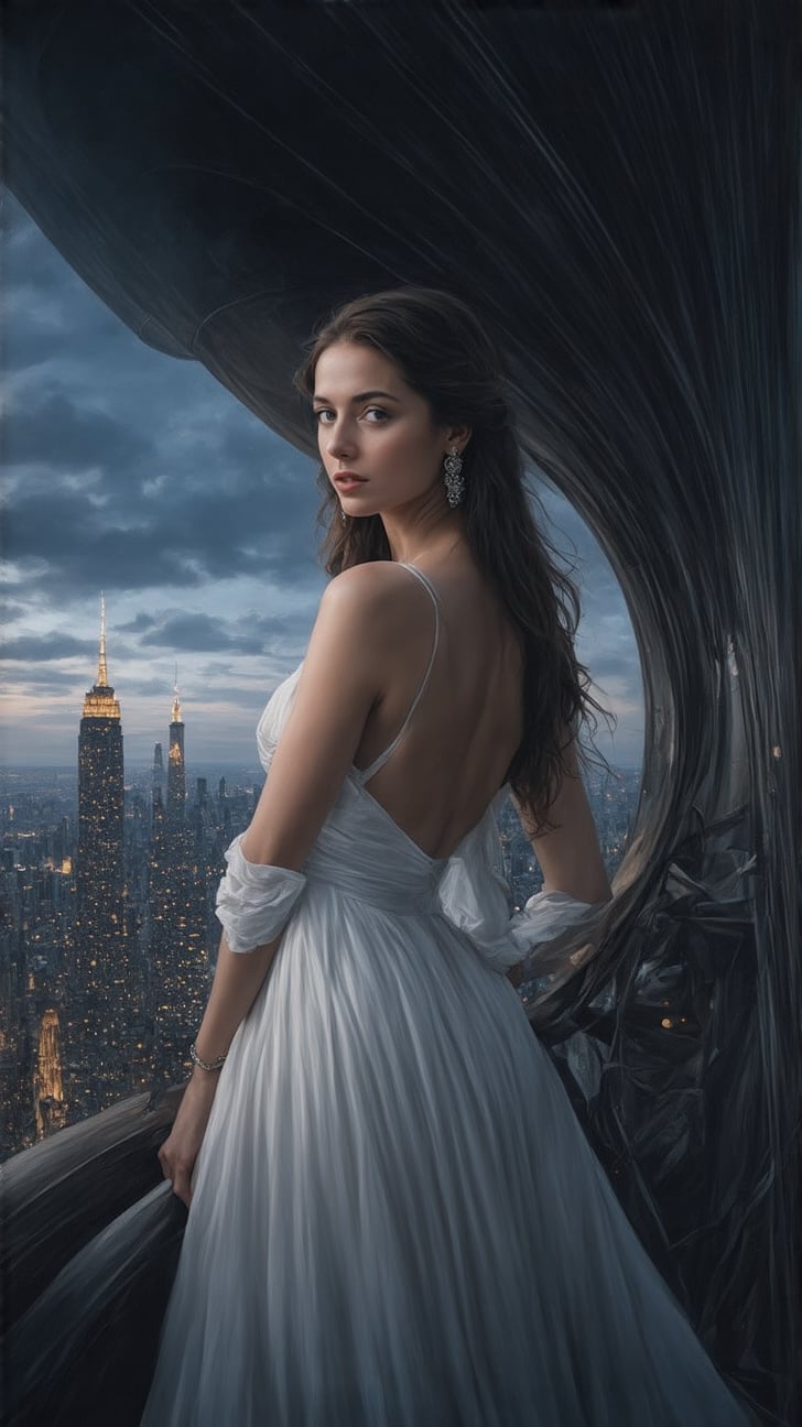 A stunning hyper-realistic portrait of the alluring 20-year-old neighbor's wife, her porcelain doll-like features perfectly captured. She stands confidently on the old rigid airship, her model-perfect physique showcased in a flowing white dress that billows behind her like a cloud. The city skyline looms large in the background, the twinkling lights and towering skyscrapers providing a dramatic contrast to the serene beauty of the subject. Her piercing gaze seems to bore into the viewer's soul, as if daring them to look away. The soft, warm lighting highlights the delicate contours of her face, emphasizing the sharp definition of her cheekbones and the curve of her lips.
BREAK
settings:(rule of thirds:1.3),perfect composition,depth of perspective,(masterpiece,best quality,detailed,realistic), chiaroscuro lighting
BREAK
by Antonio Lopez,Diego Koi,David Parrish,Canaletto and Edward Hopper,ek_real_b00ster,ek_photo_booster